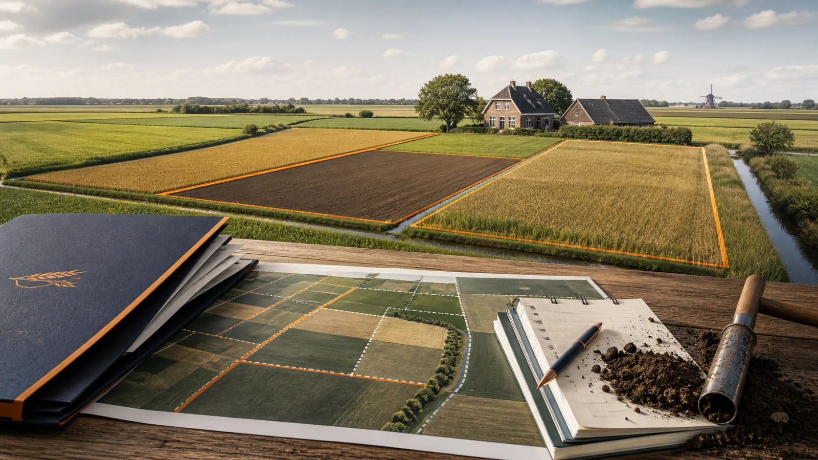 Dutch agricultural fields beside a land registry map, soil profile and valuation chart