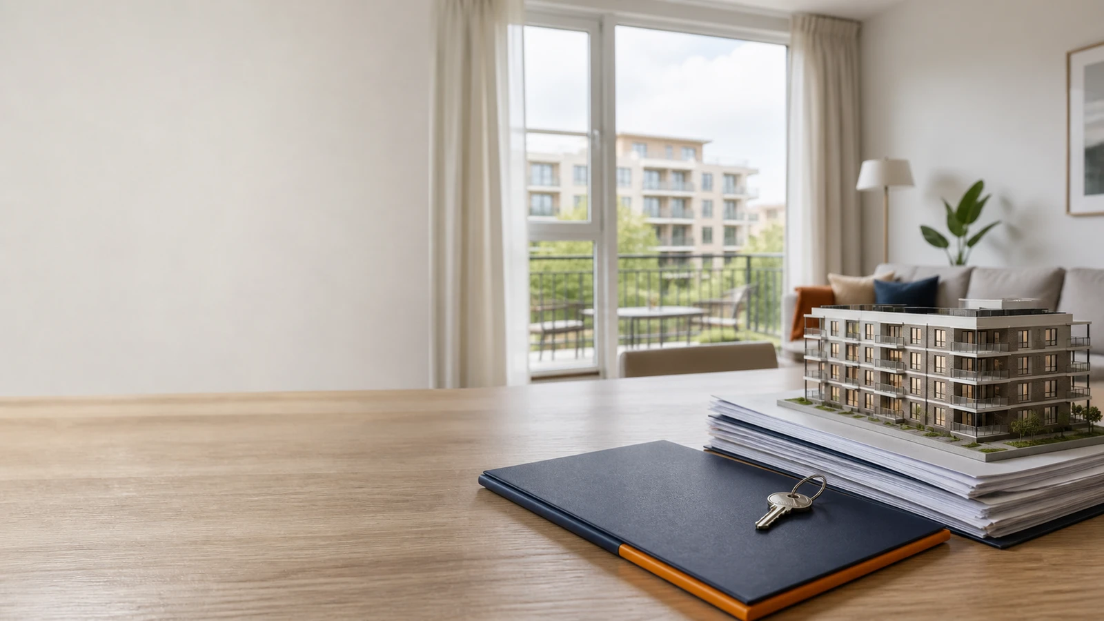 An apartment model with VvE papers, maintenance plans and comparable property files on a table