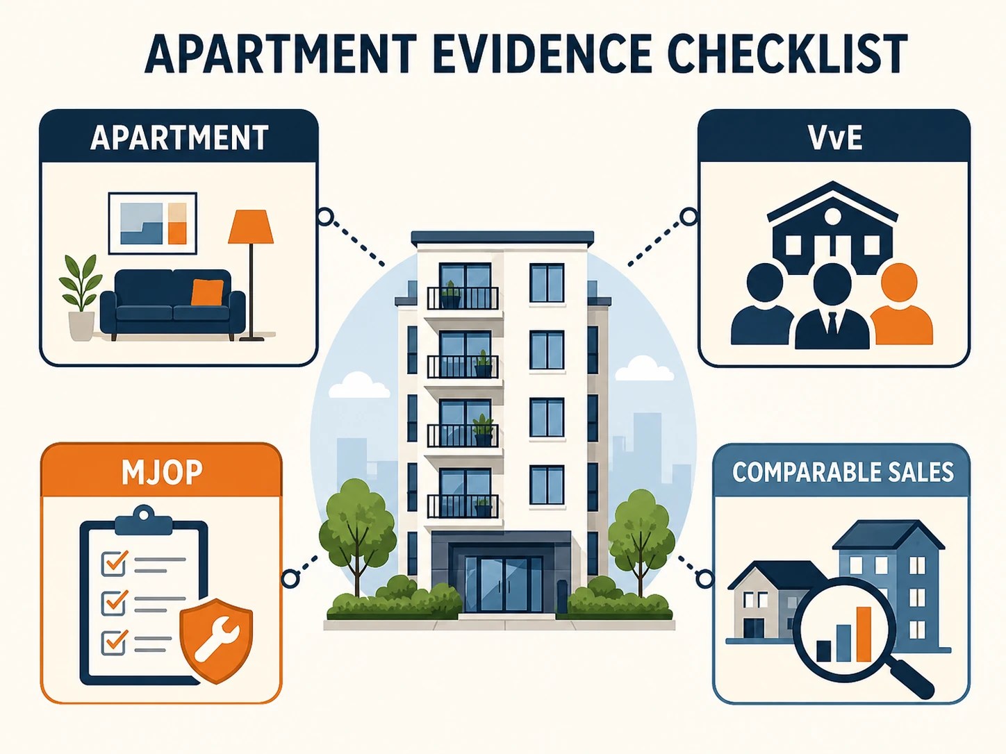 Apartment valuation evidence checklist covering VvE, MJOP, the unit and comparable sales