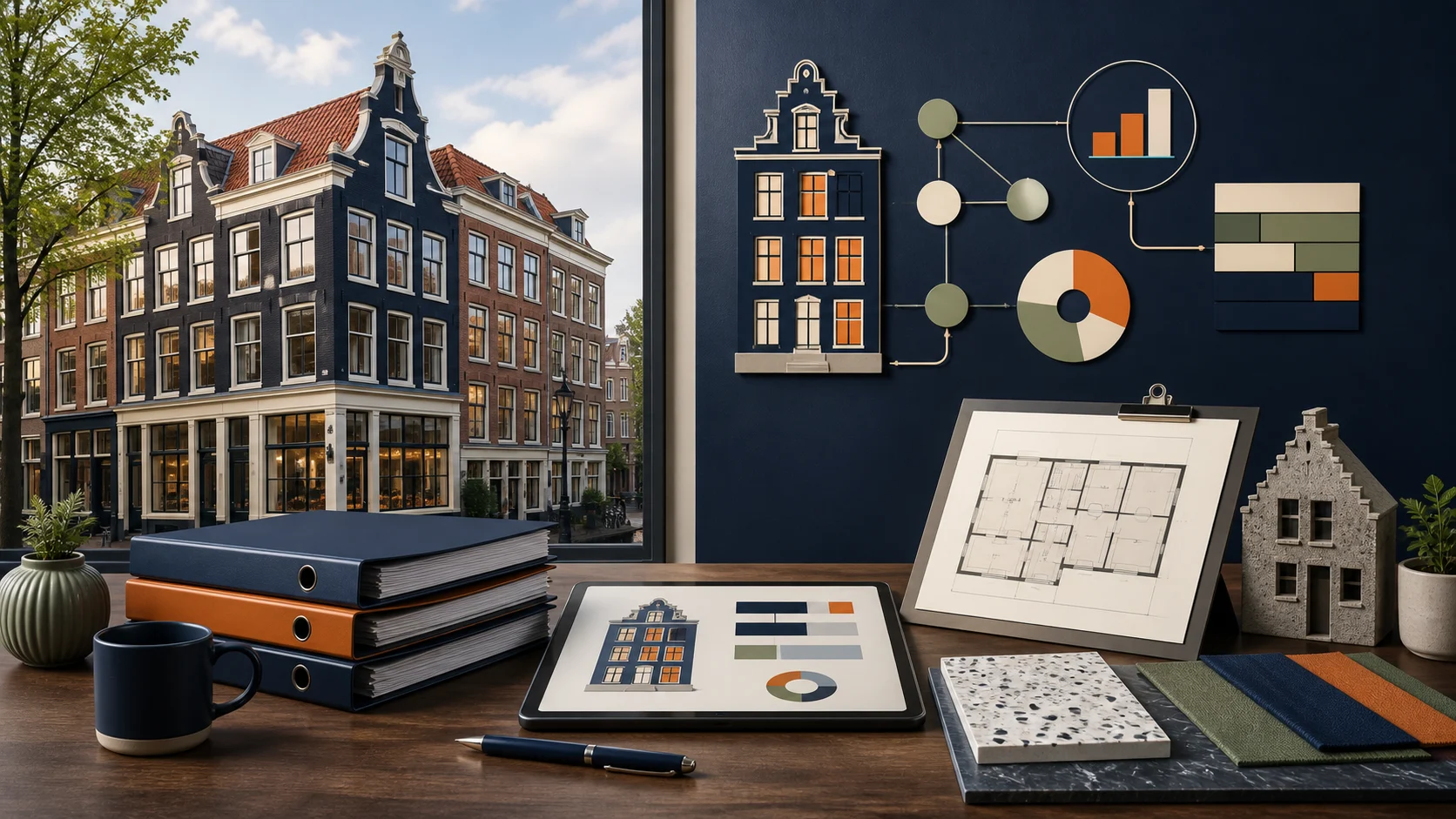 Dutch investment property beside rent cards, an occupancy chart and a valuation flow