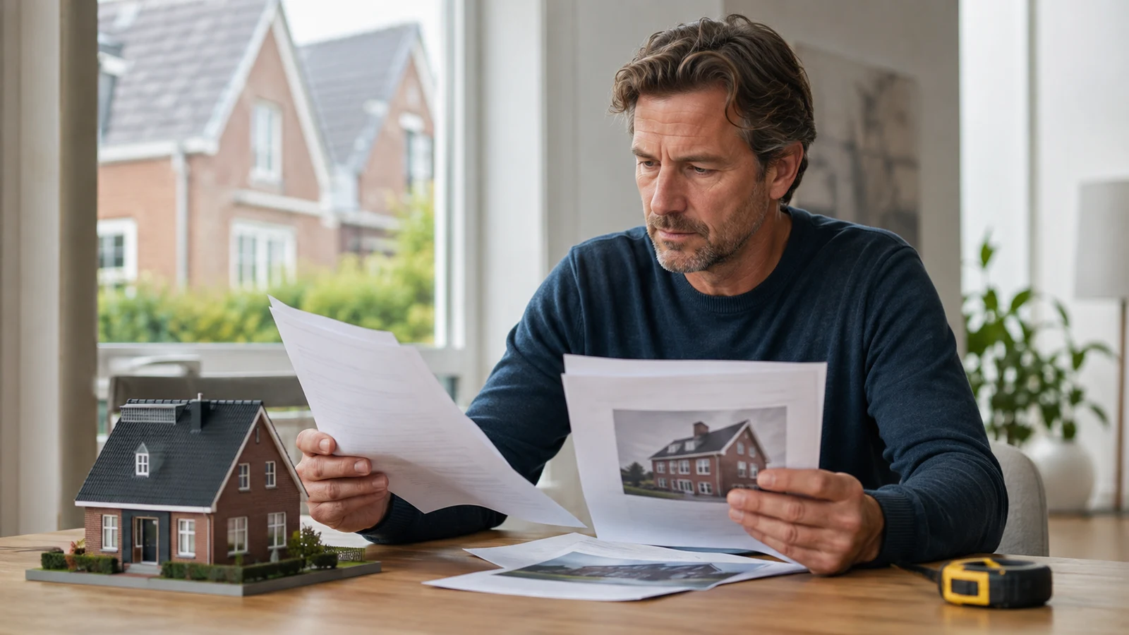 Homeowner comparing property appraisal proposals with a house model and documents