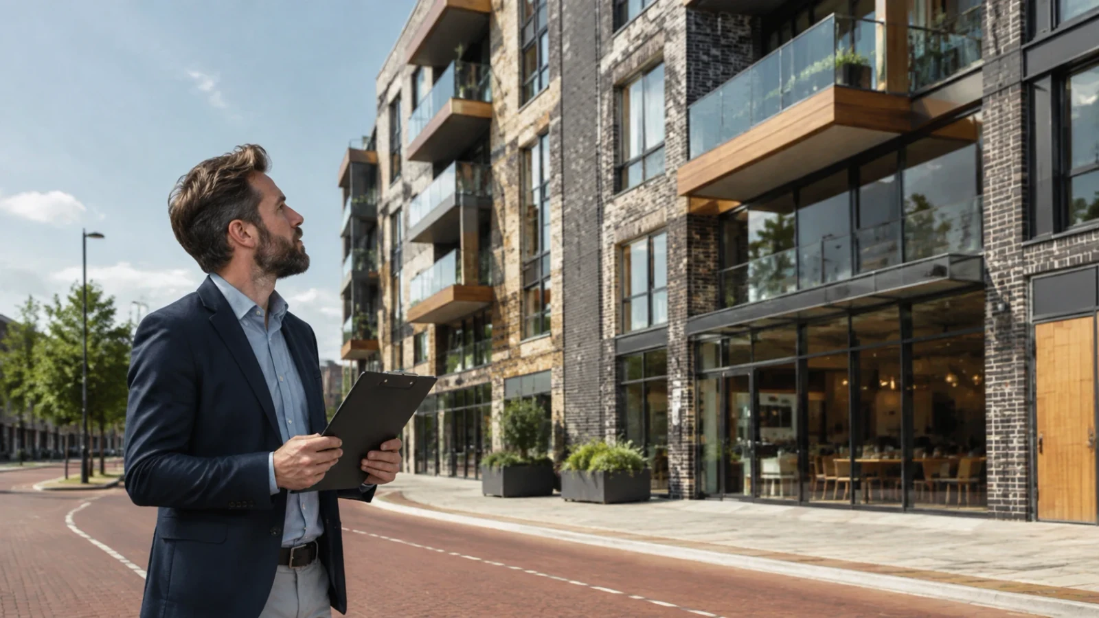 Property professional reviewing a commercial building valuation outside a mixed-use building