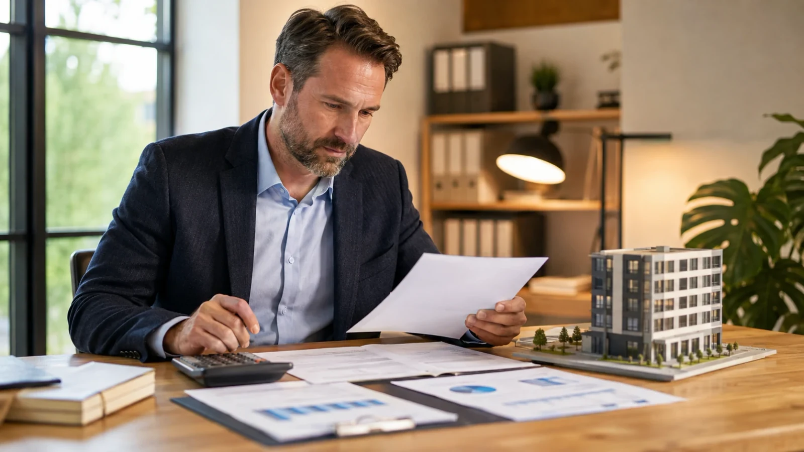 Property professional reviewing a commercial valuation report and finance plan beside a building model