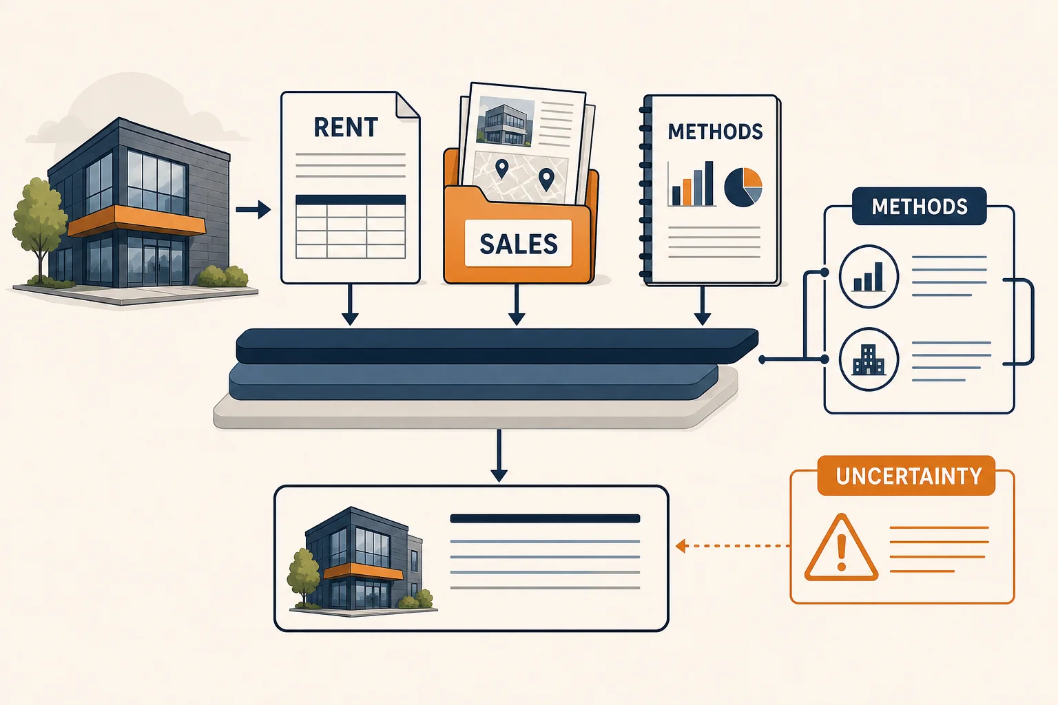 Commercial valuation evidence stack showing rent, sales, methods and uncertainty