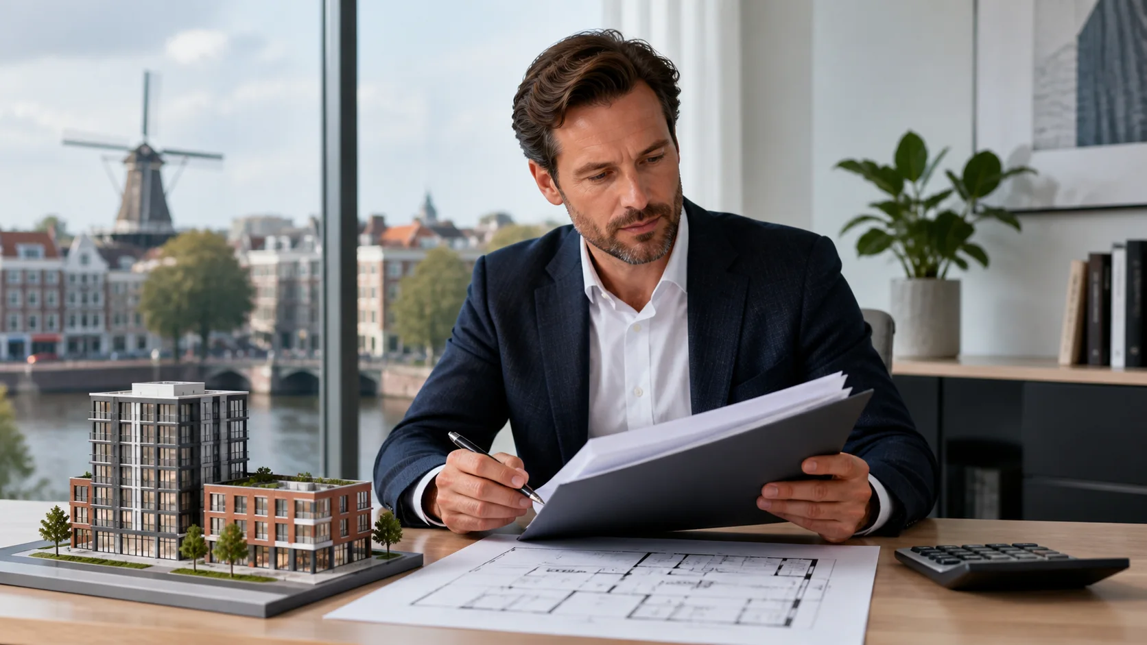 A commercial property owner reviewing a valuation file beside building models and a floor plan