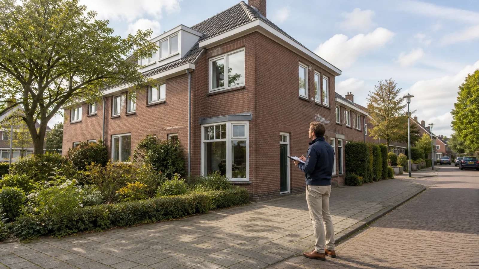 Homeowner reviewing a corner-house valuation file beside a model end-of-terrace home