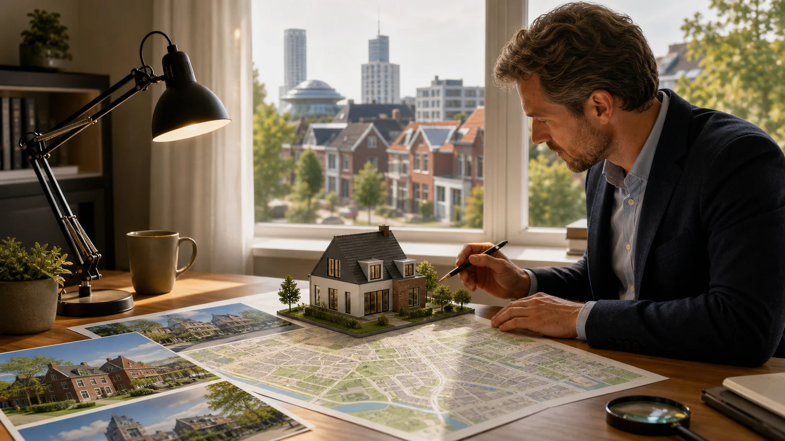 Property appraiser comparing a house model and local Eindhoven market map