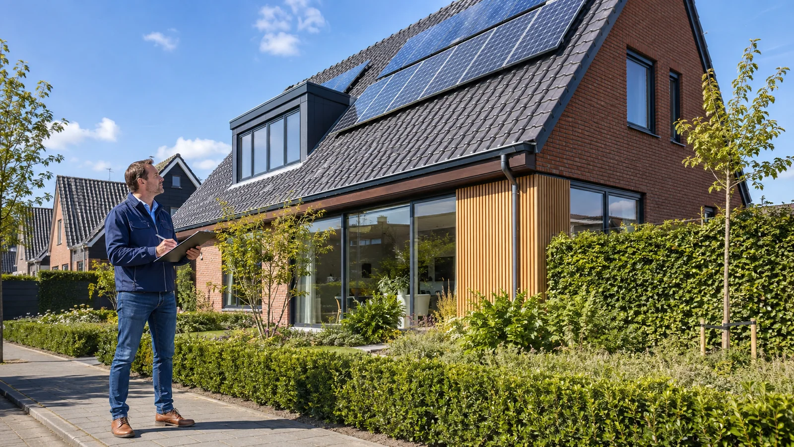 Homeowner reviewing energy-efficiency documents beside a Dutch home with solar panels