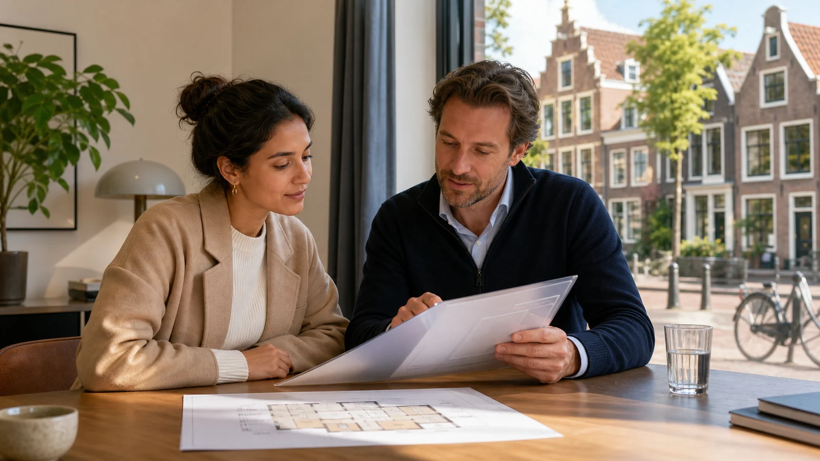 International homebuyer reviewing valuation documents with a Dutch property professional