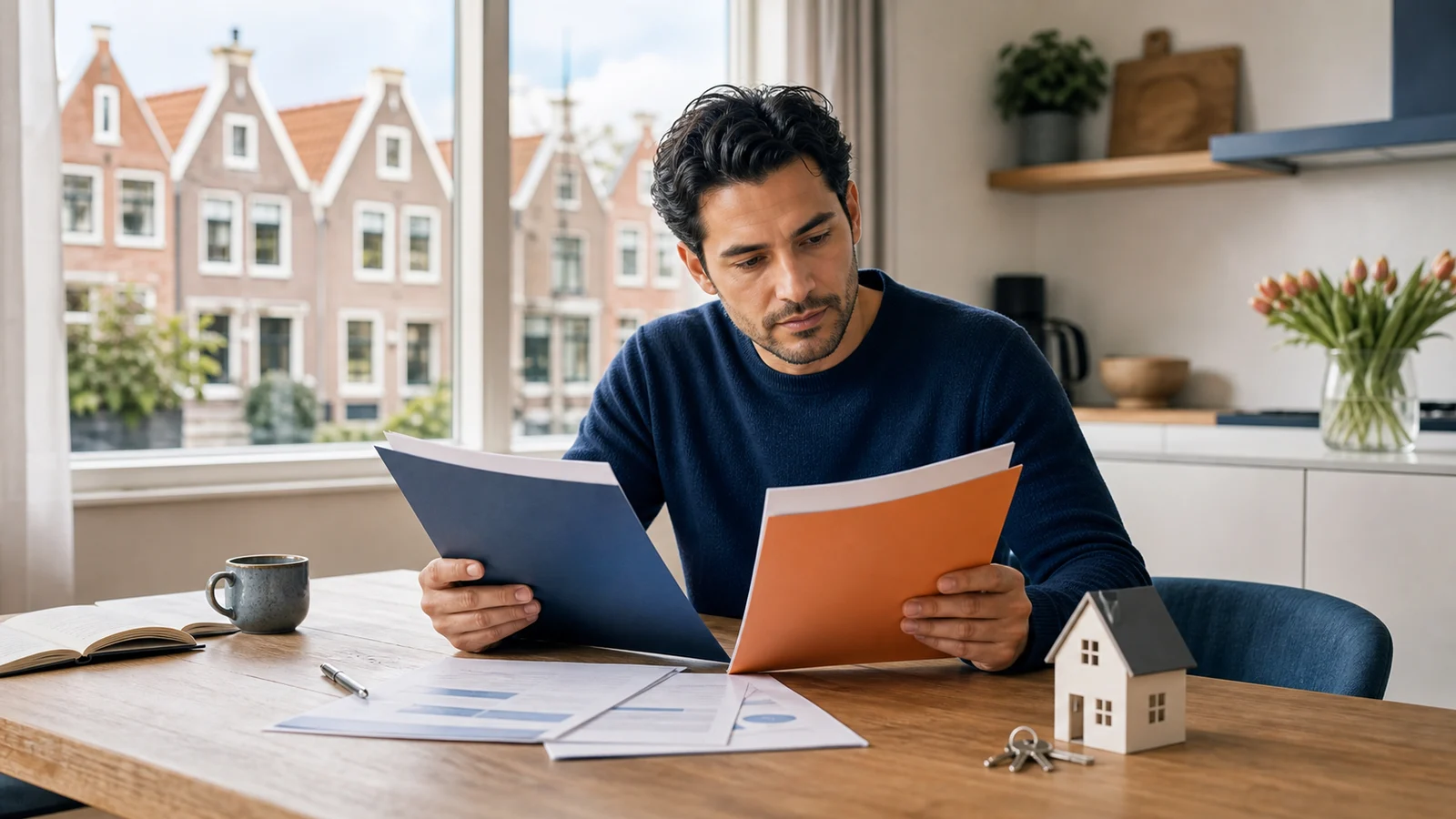 International homebuyer reviewing valuation documents at a table with Dutch terraced houses in the background
