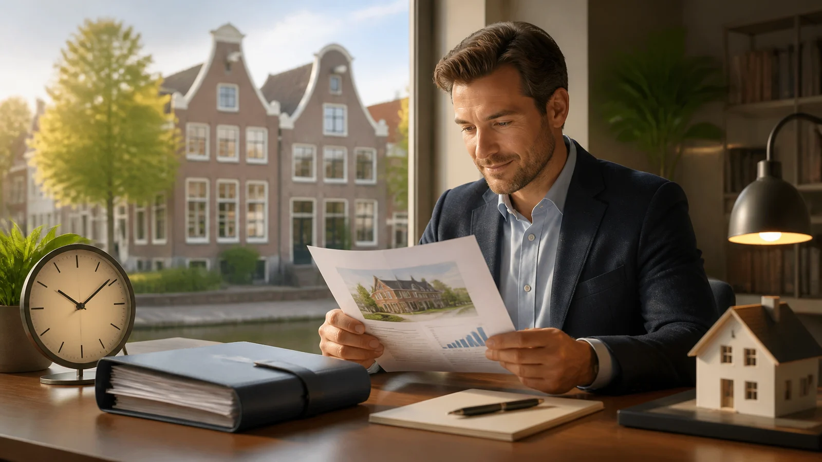 Property valuation professional checking a report and deadline beside a clock