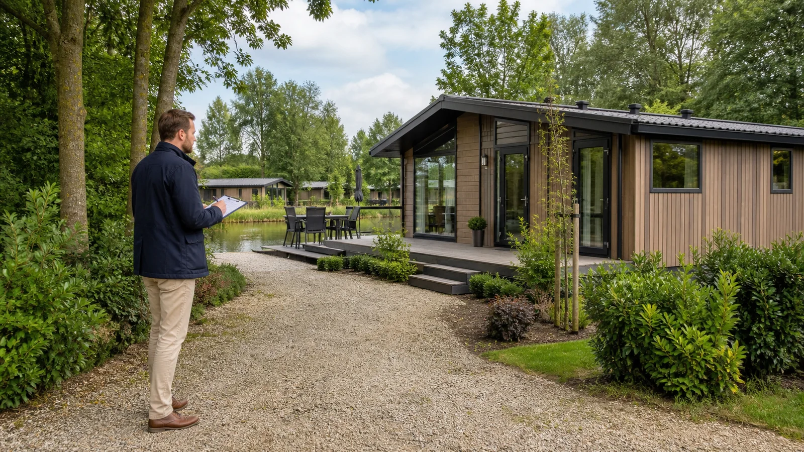 Owner reviewing holiday home documents beside a model recreational home and a plot plan