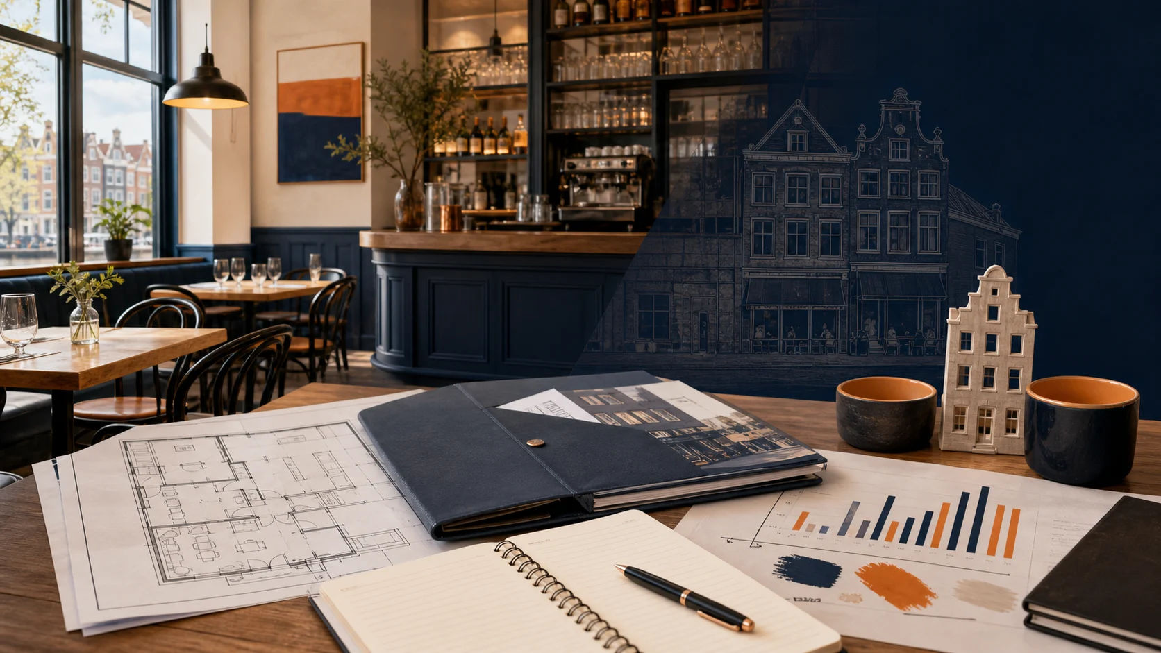 Dutch restaurant floor plan beside a location, trading and lease evidence diagram
