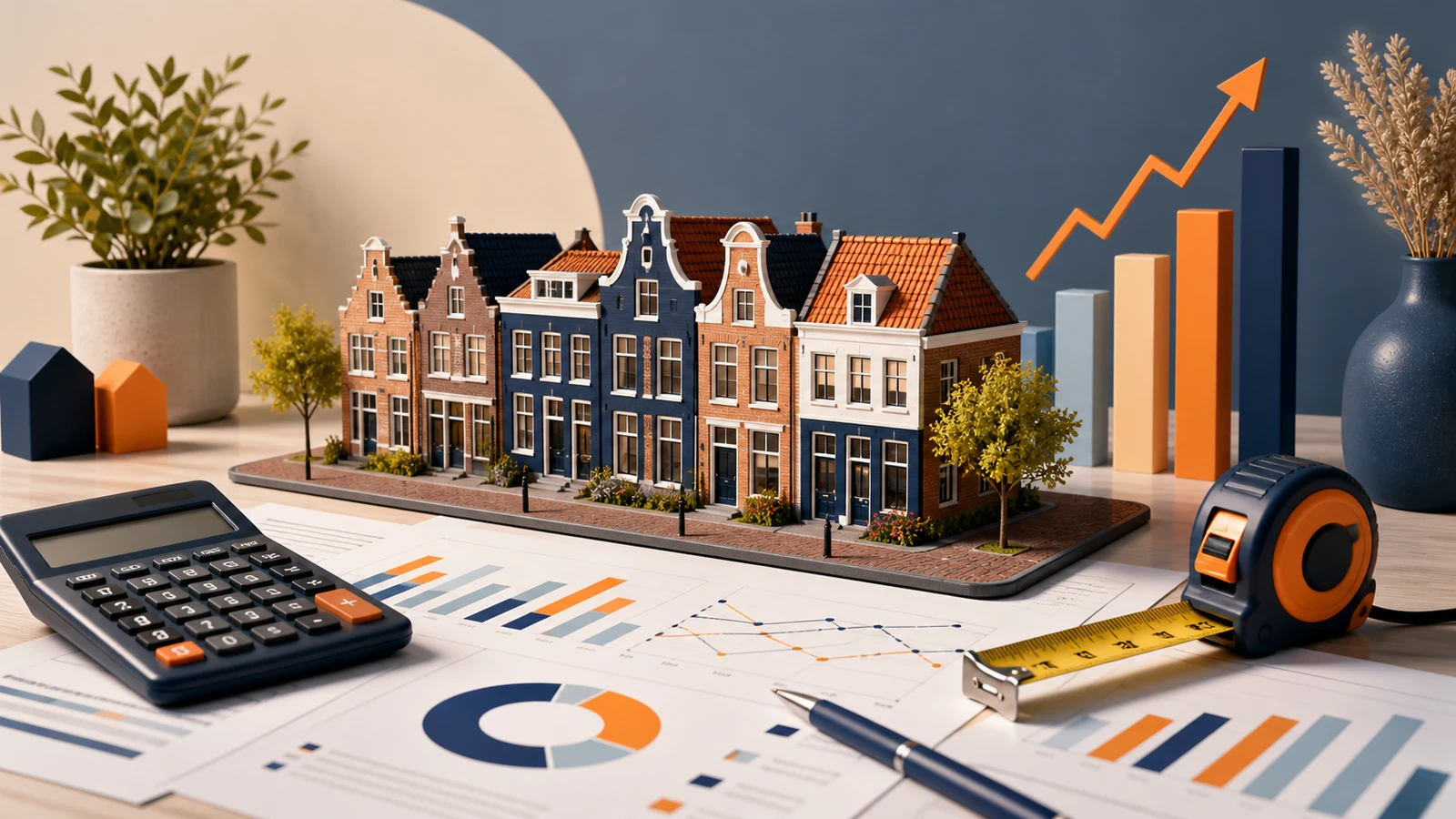 Dutch model homes beside housing-market charts, a calculator and a measuring tape