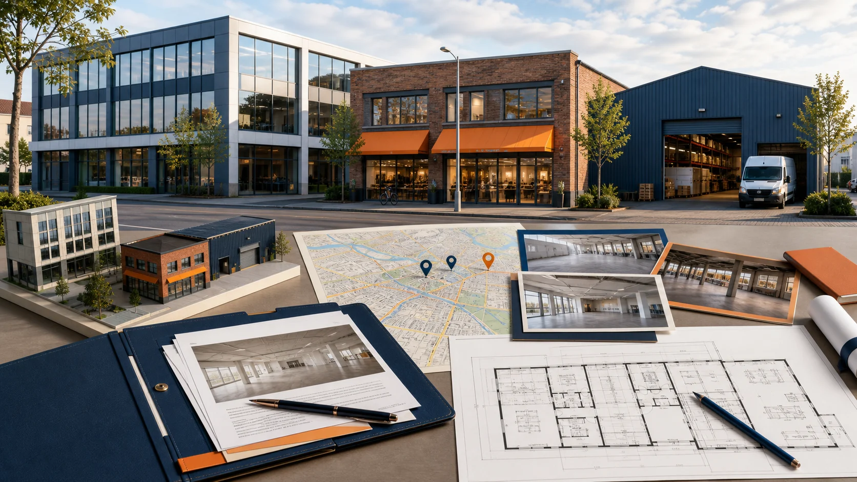 Commercial floor plan beside comparable rents and a lease-terms checklist