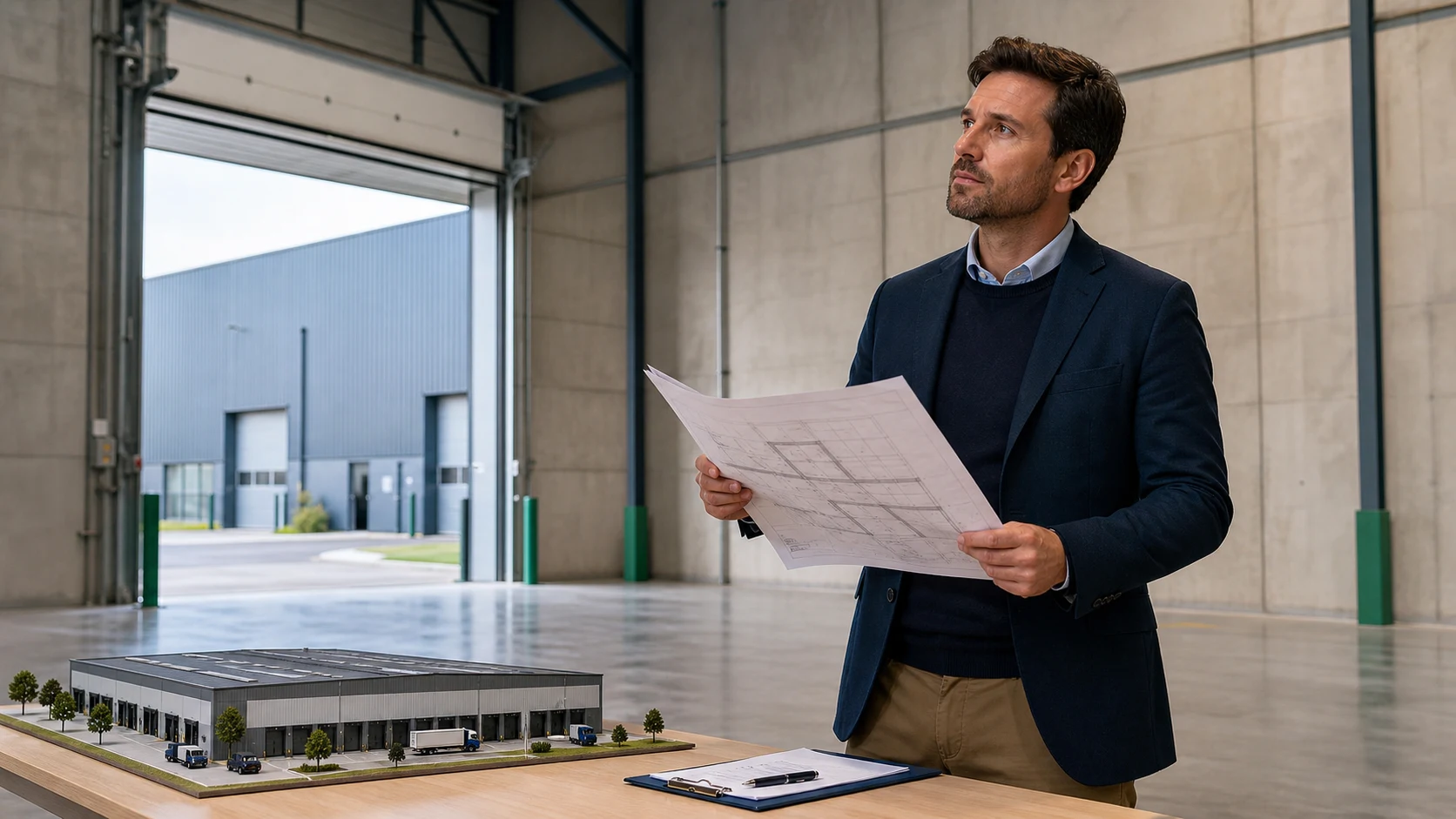 Property valuer reviewing a warehouse model, loading area plan and technical documents