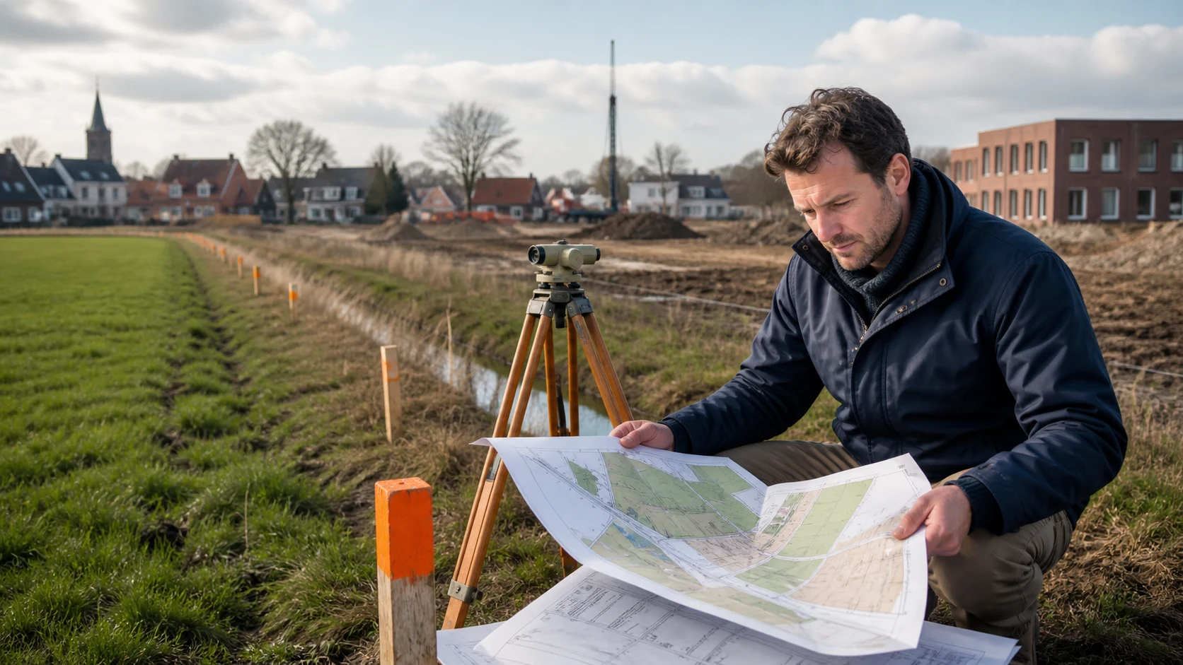 Property valuer comparing a field, a possible development plot and survey documents
