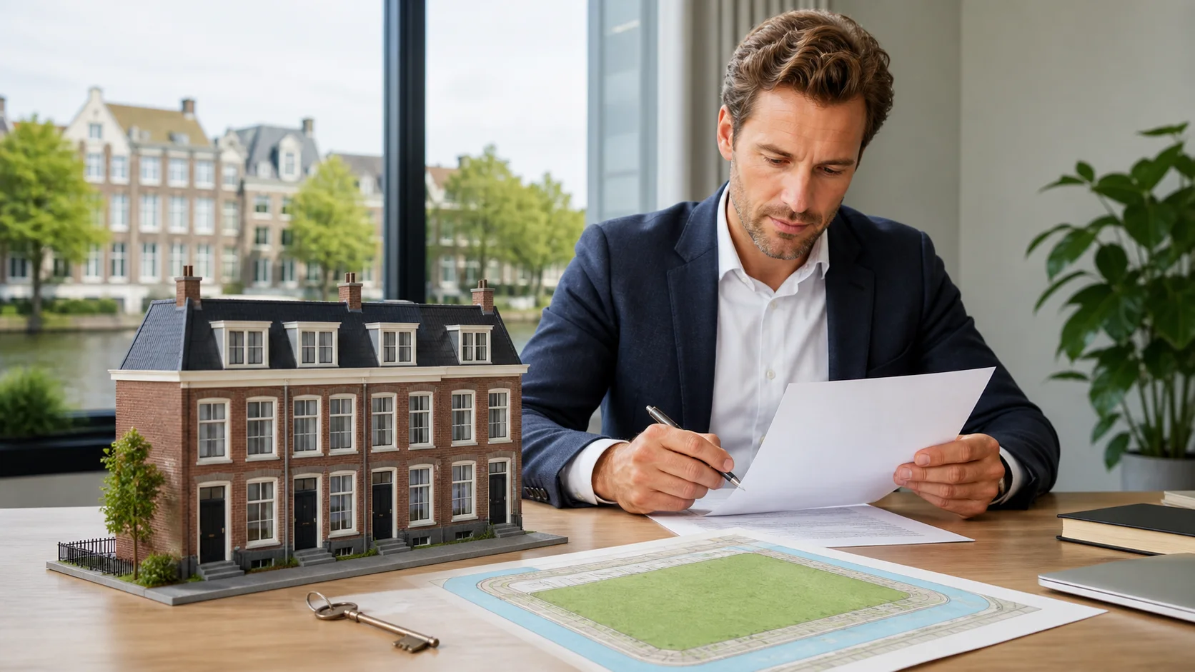A homeowner reviewing leasehold papers beside a townhouse model, key and valuation report