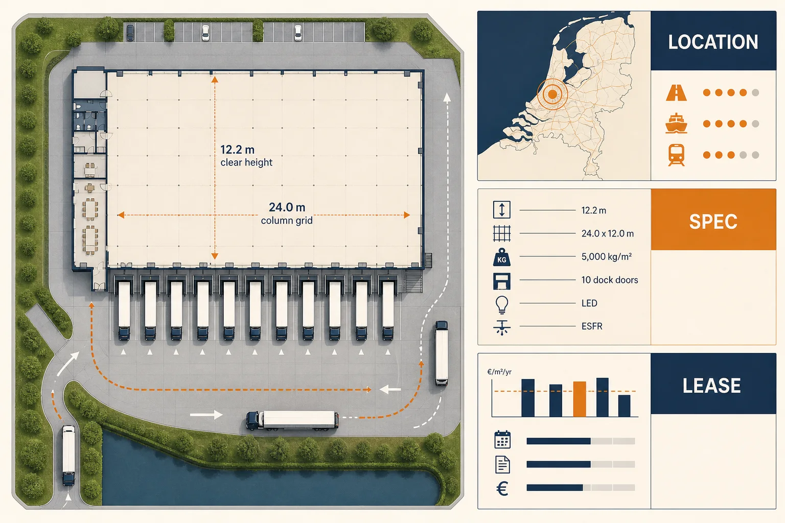 Logistics valuation visual showing access, building specification and lease evidence