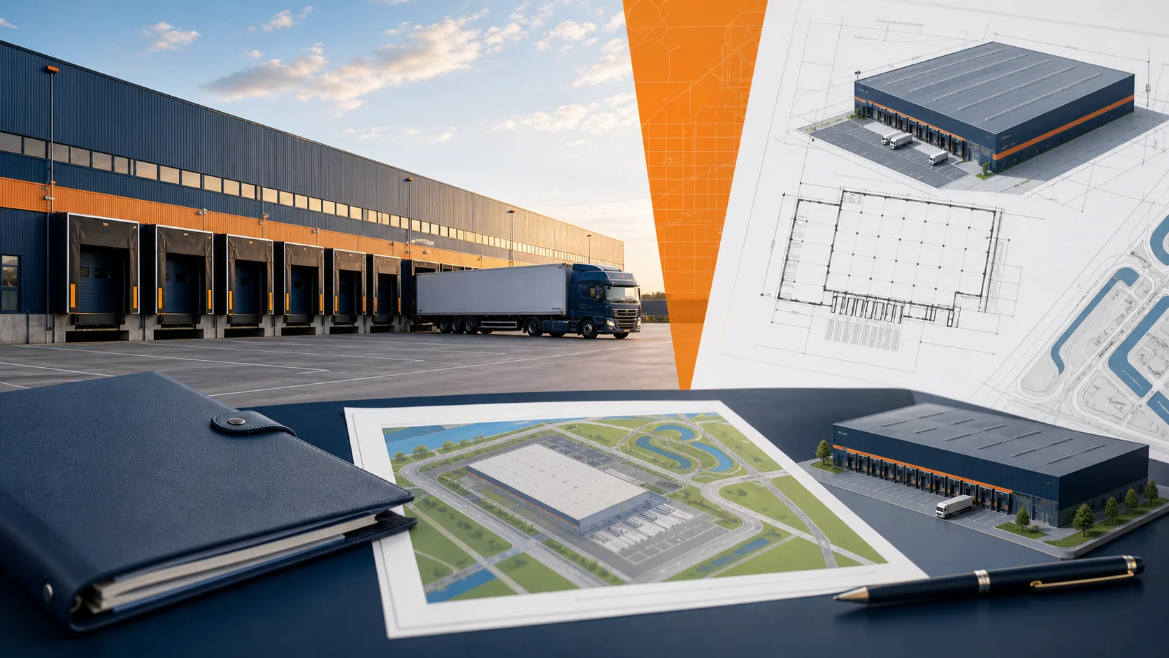 Dutch logistics warehouse with loading bays beside a site plan and lease evidence