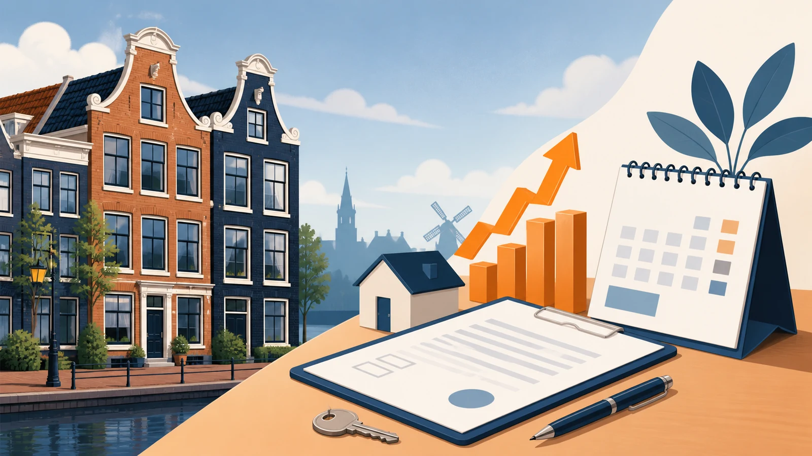 Dutch homes beside a calendar, mortgage document and abstract house-price chart