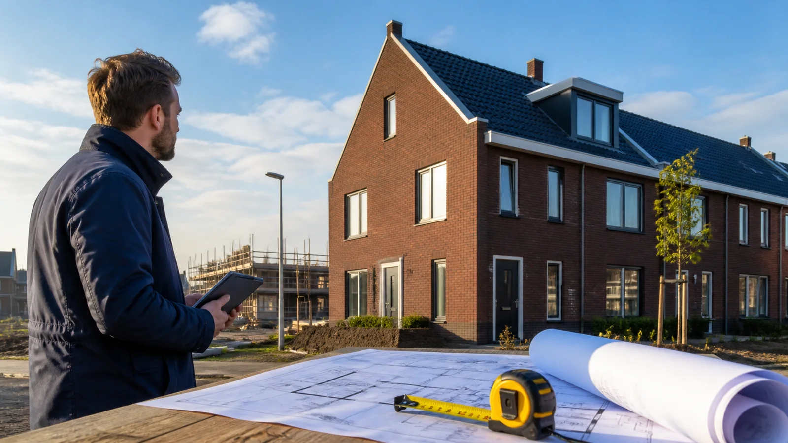 Buyer reviewing new-build plans and construction documents beside a model Dutch home