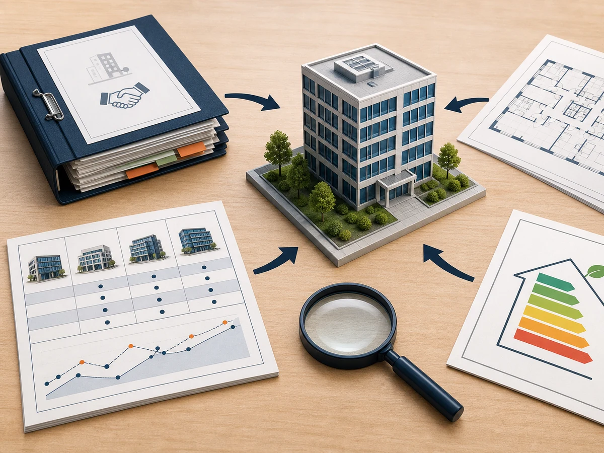 Office valuation evidence stack connecting use, lease, floor area, energy and market context