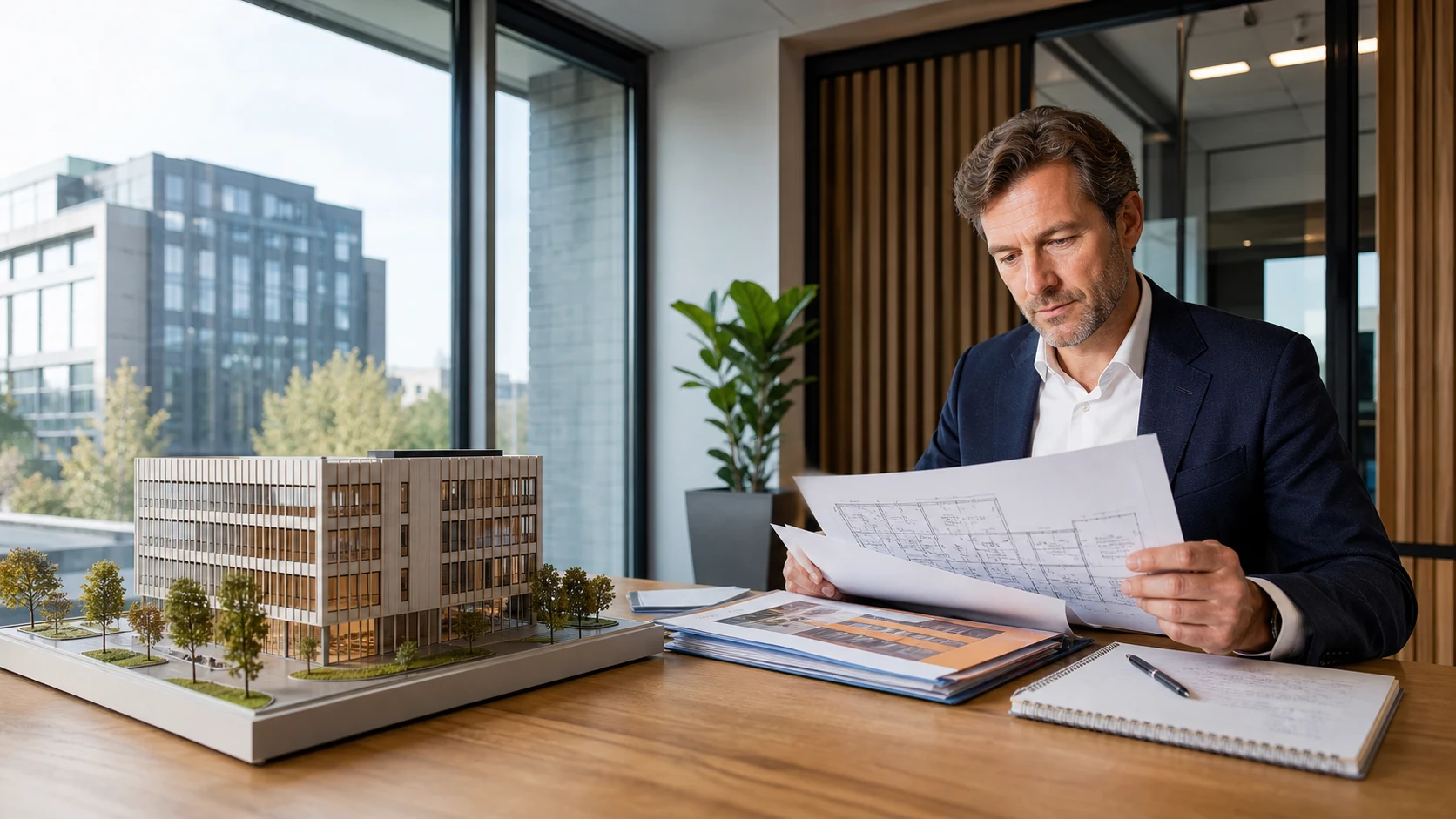 Property valuer reviewing an office model, lease documents and a floor plan