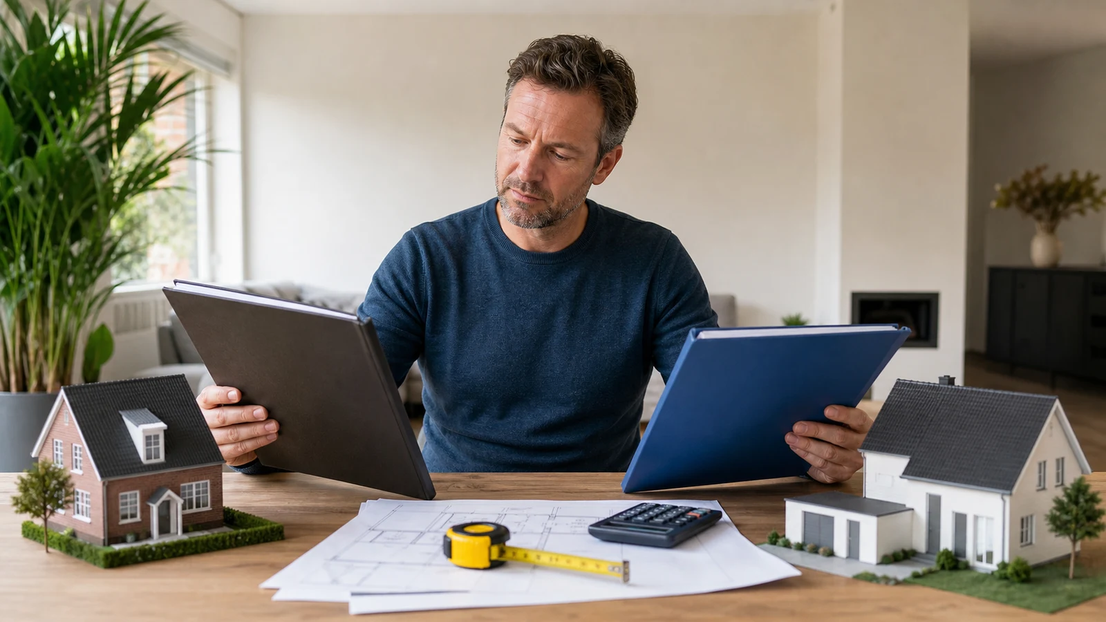 Homeowner comparing two property appraisal folders beside house models