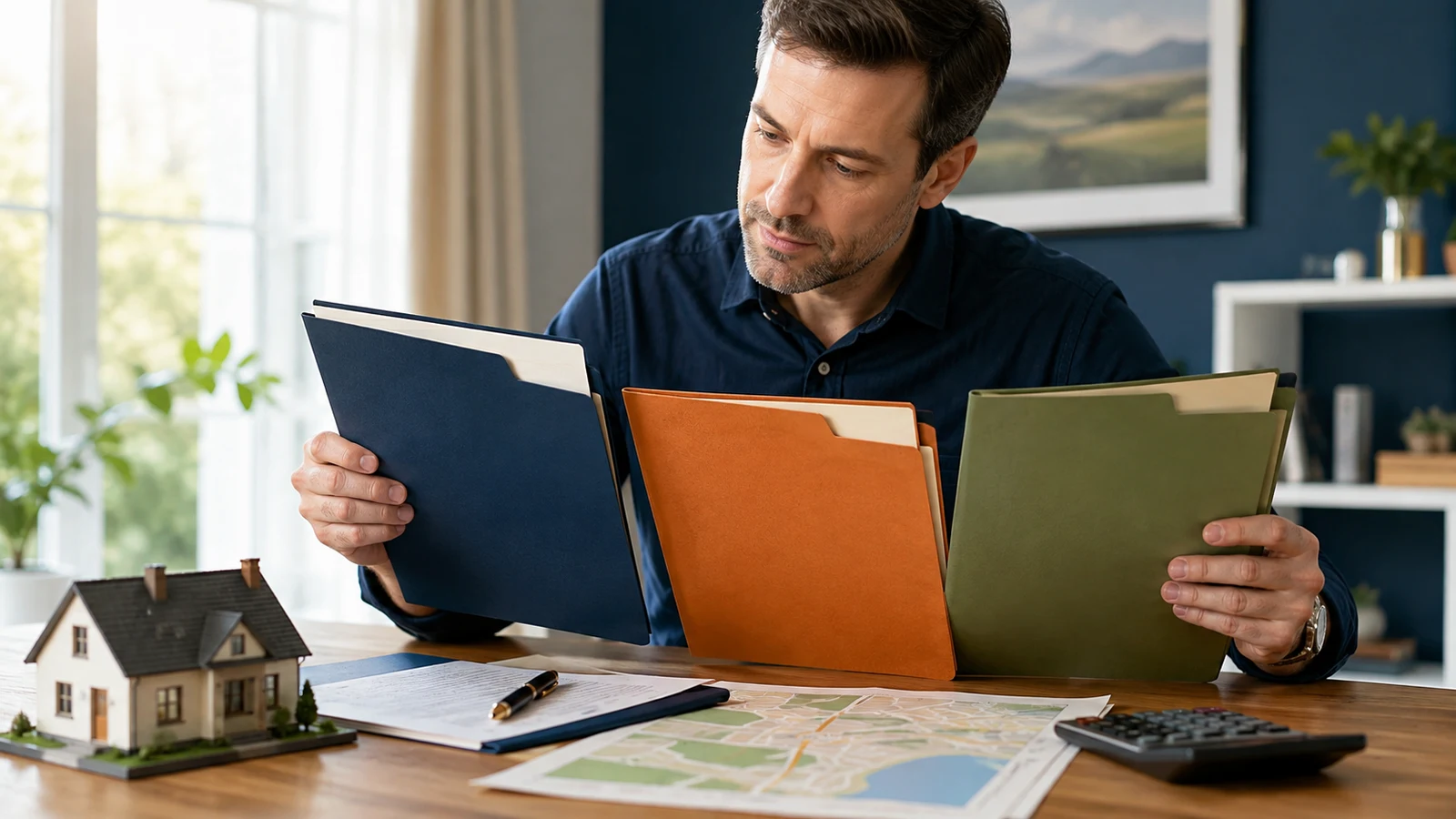 Homeowner comparing three property appraisal folders with a model house and map