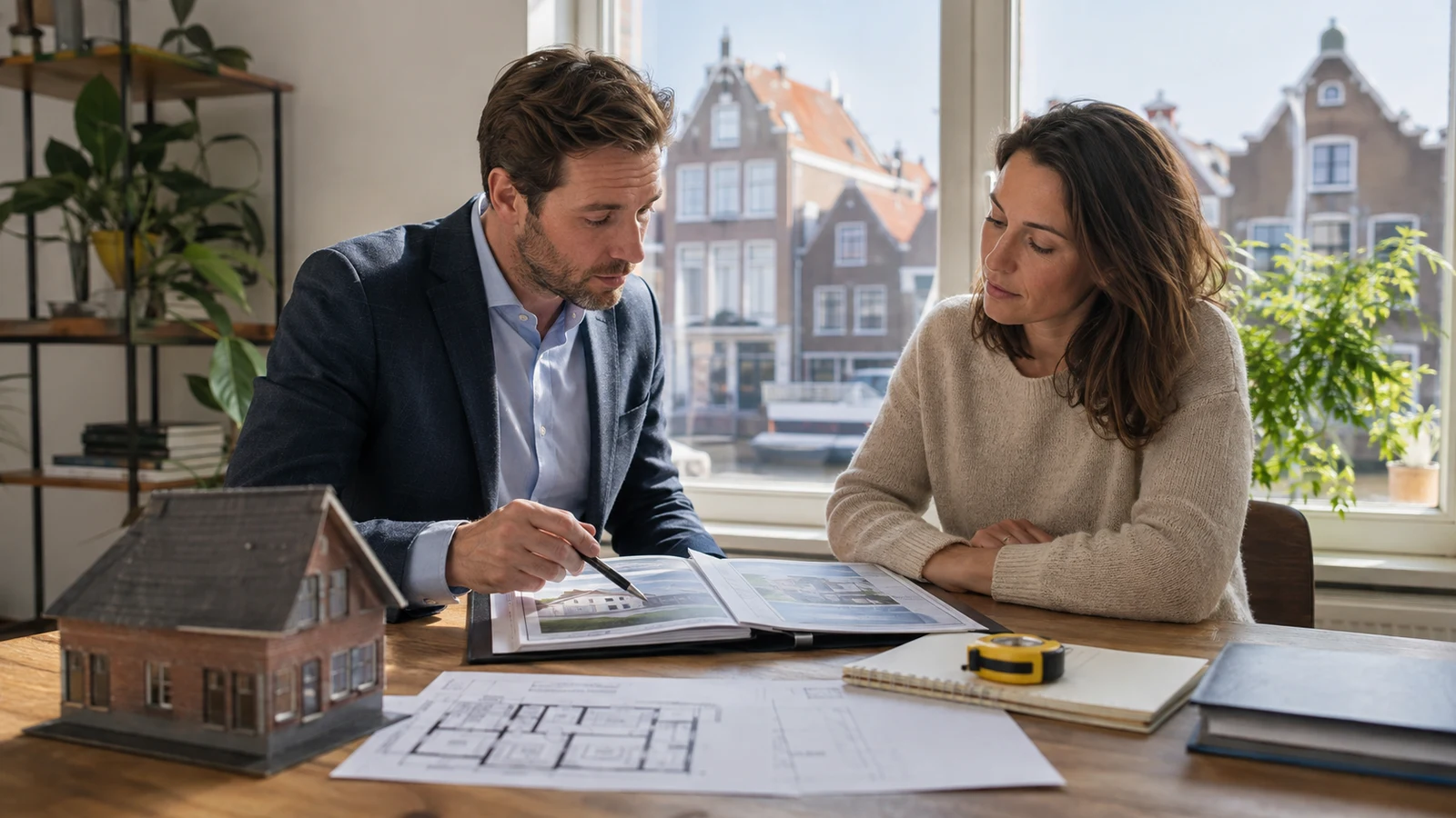 Homeowner and property professional checking documents beside a house model