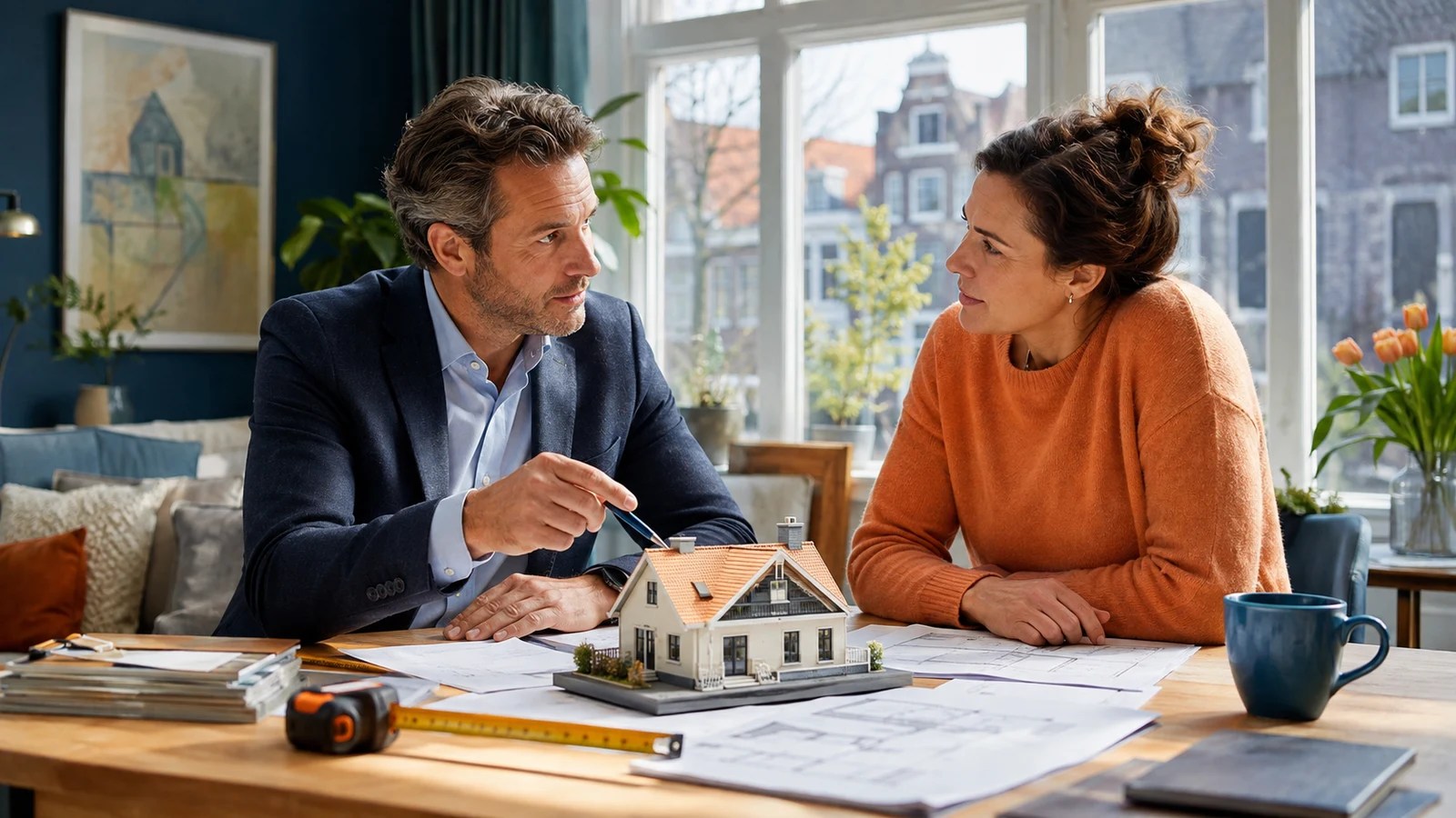 Property appraiser and homeowner comparing valuation proposals beside a model house