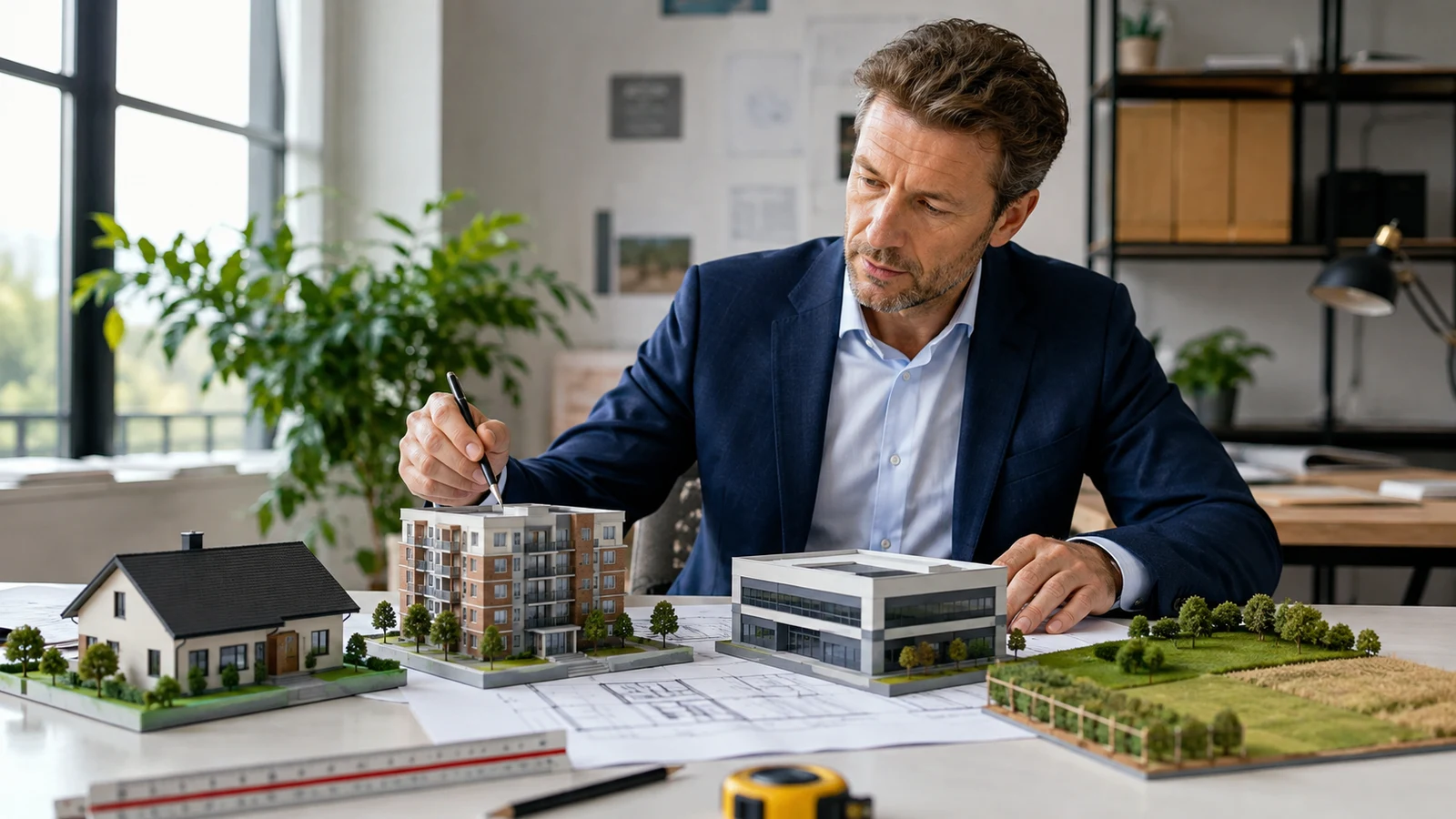 Property appraiser comparing house, apartment, commercial and land models