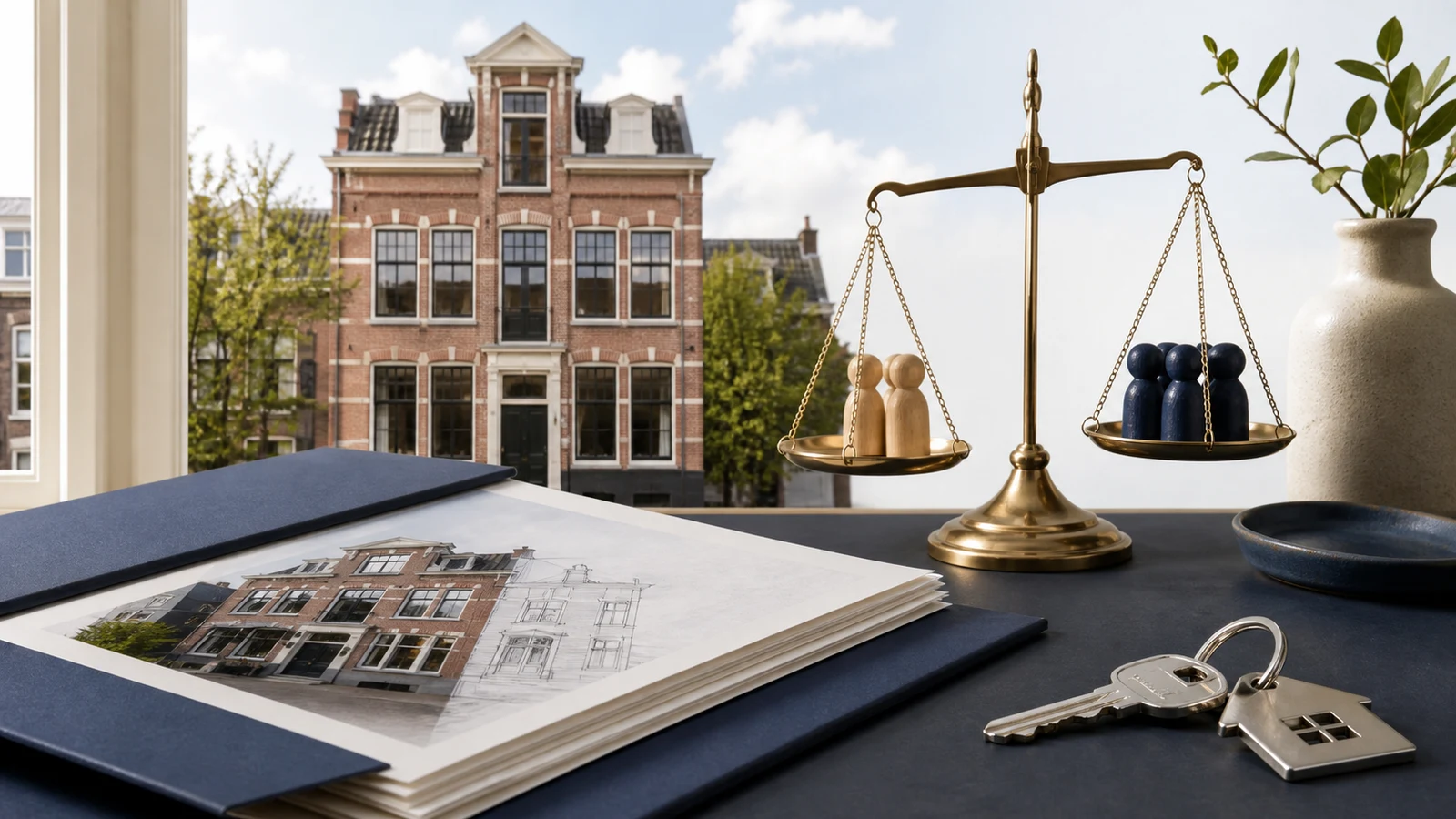 A Dutch brick home beside valuation papers, keys and a balance scale