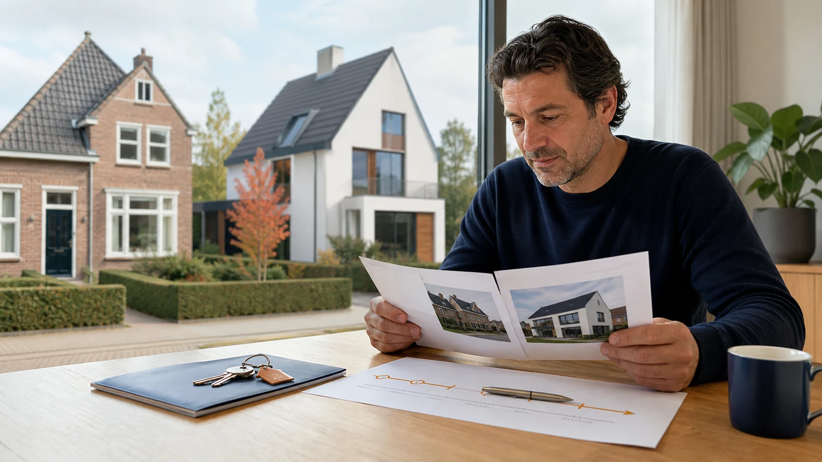 Homeowner comparing two homes, a valuation folder and a bridge between a sale and a purchase