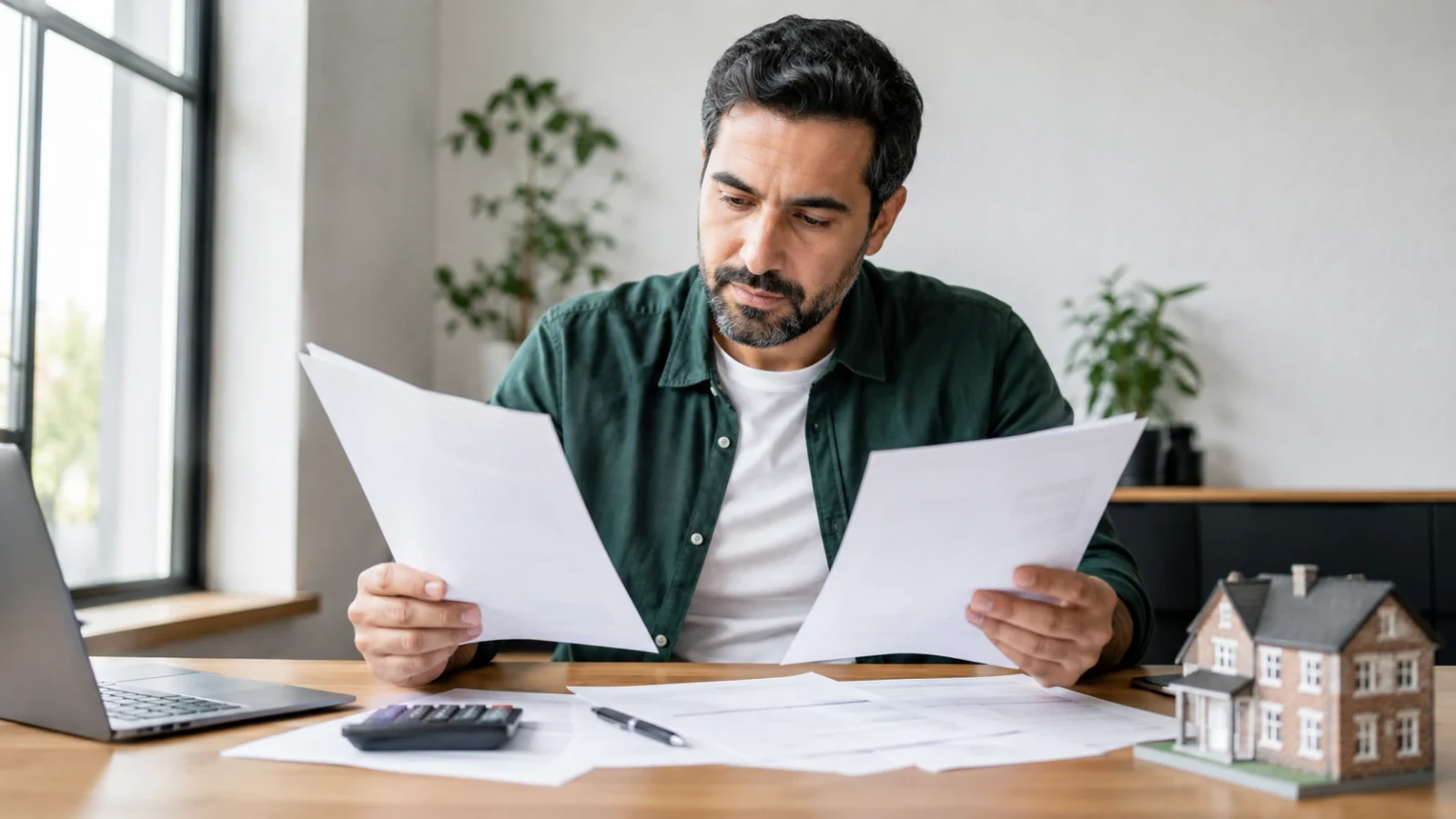 Homeowner comparing two property valuation quotes beside a model house and calculator