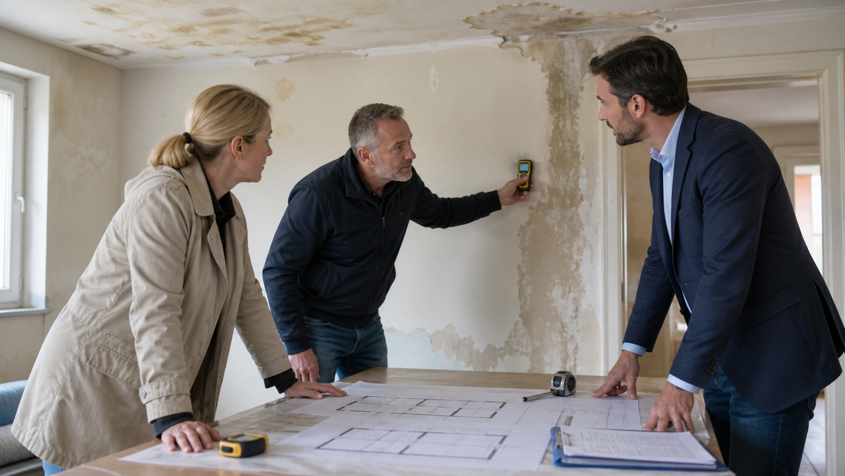 A homeowner, building expert and property valuer examining water damage and measuring a room