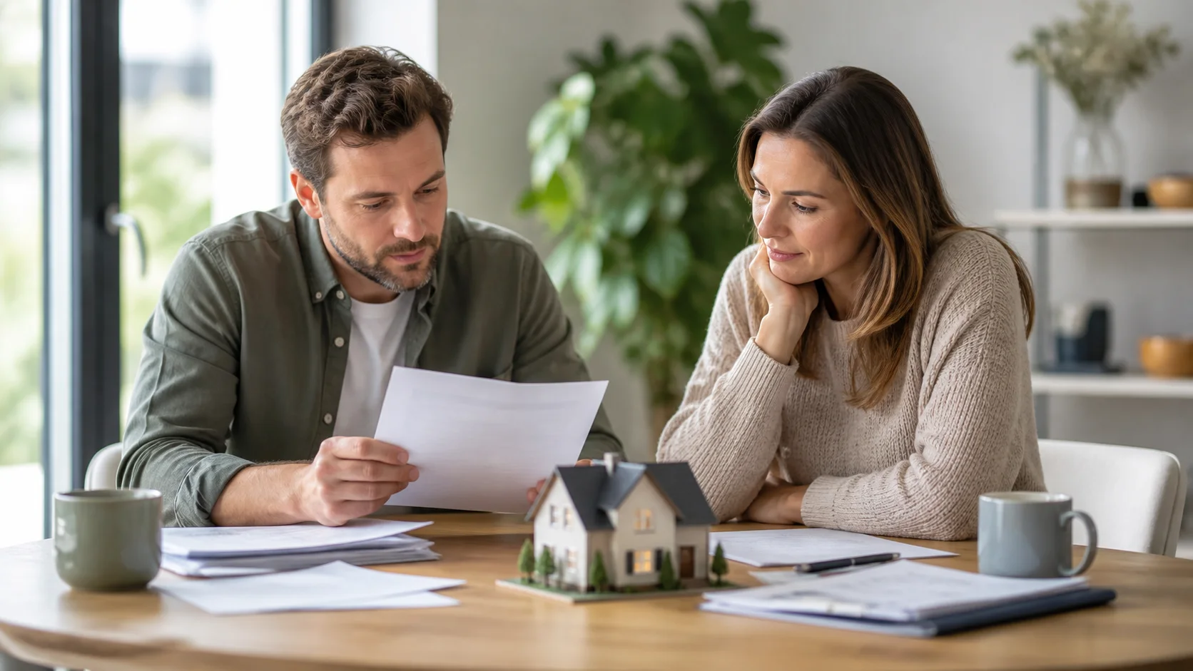 Two homeowners comparing valuation papers, a model home and a calculator during a separation