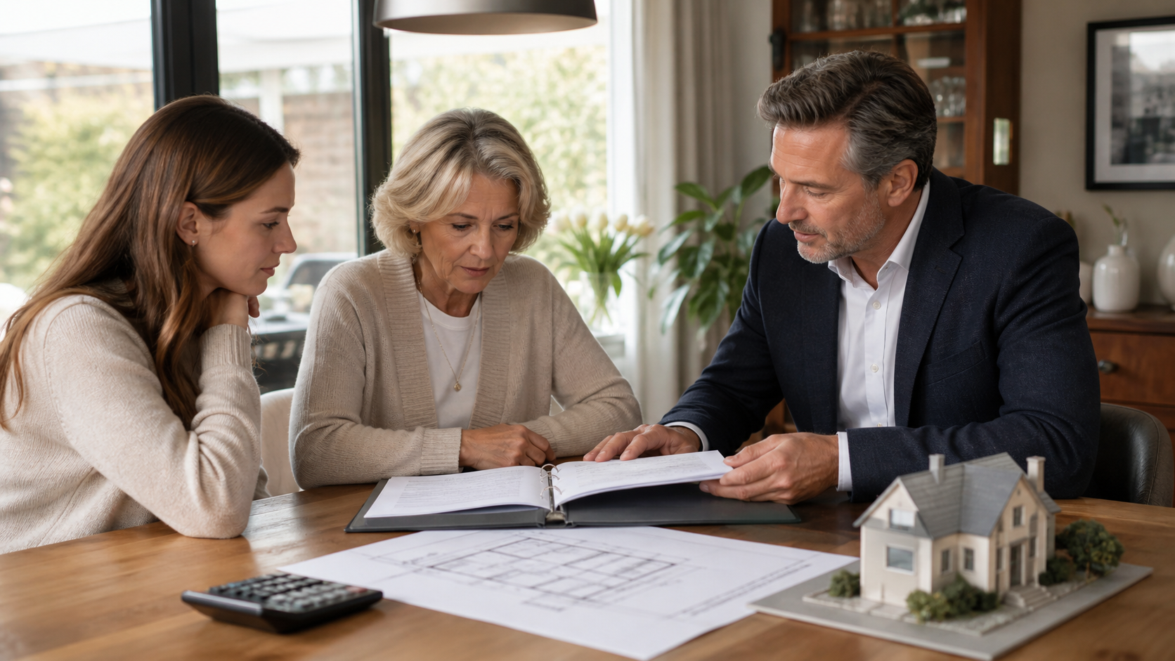 A parent, adult daughter and property valuer reviewing a home transfer file together