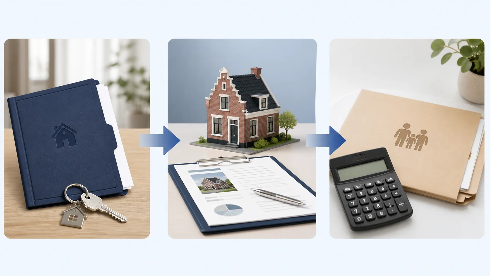 Three stages from an estate file to a property valuation report and an inheritance decision