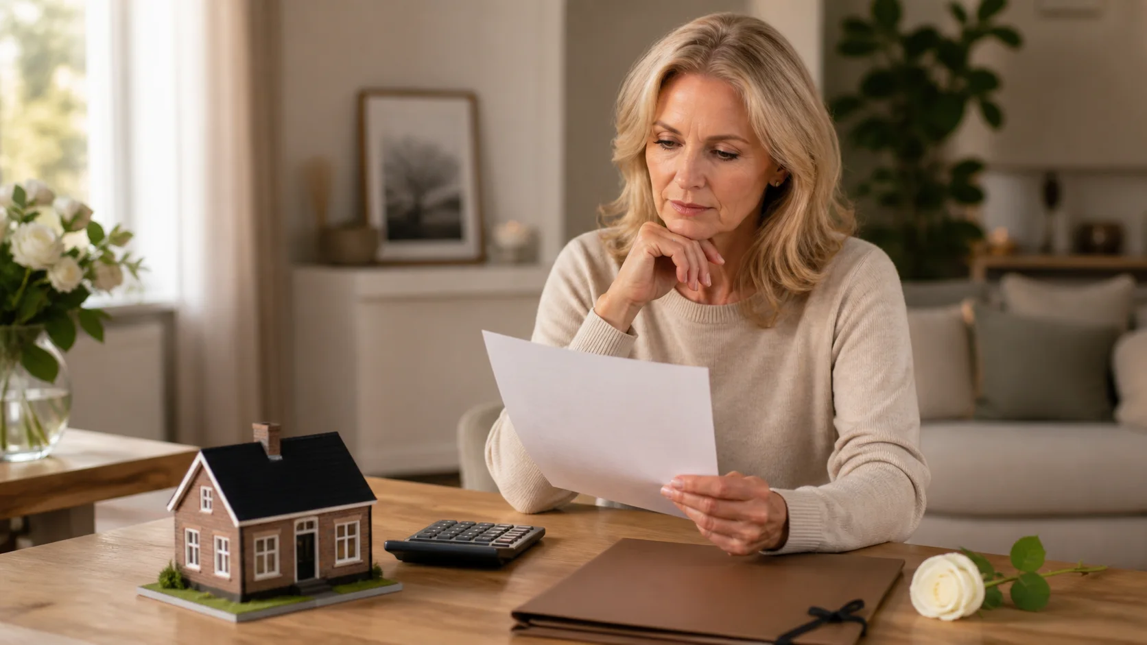 An heir reviewing a property valuation document beside a model home, calculator and estate folder