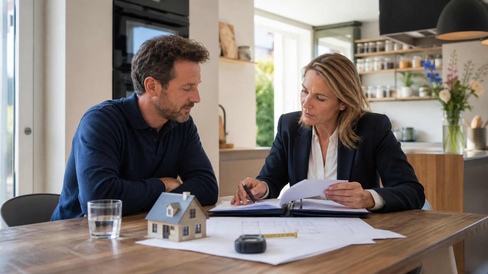 Homeowners reviewing a property file with a valuer beside a model house and renovation plans