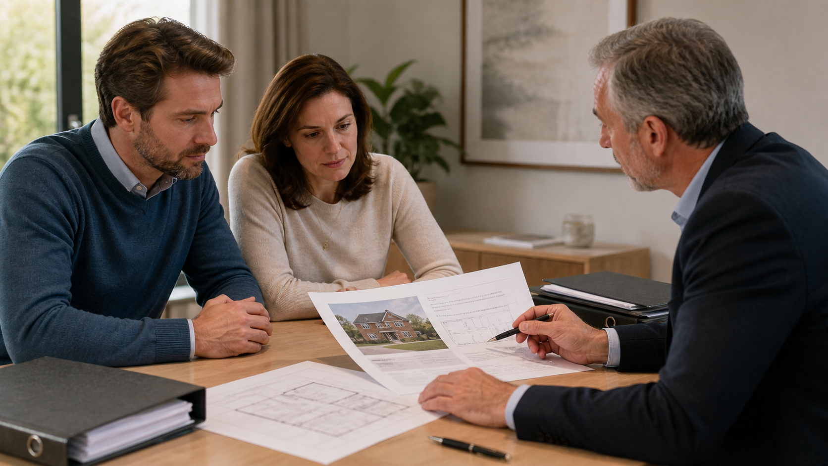 A homeowner, adviser and property valuer discussing a valuation report and house plans in a meeting