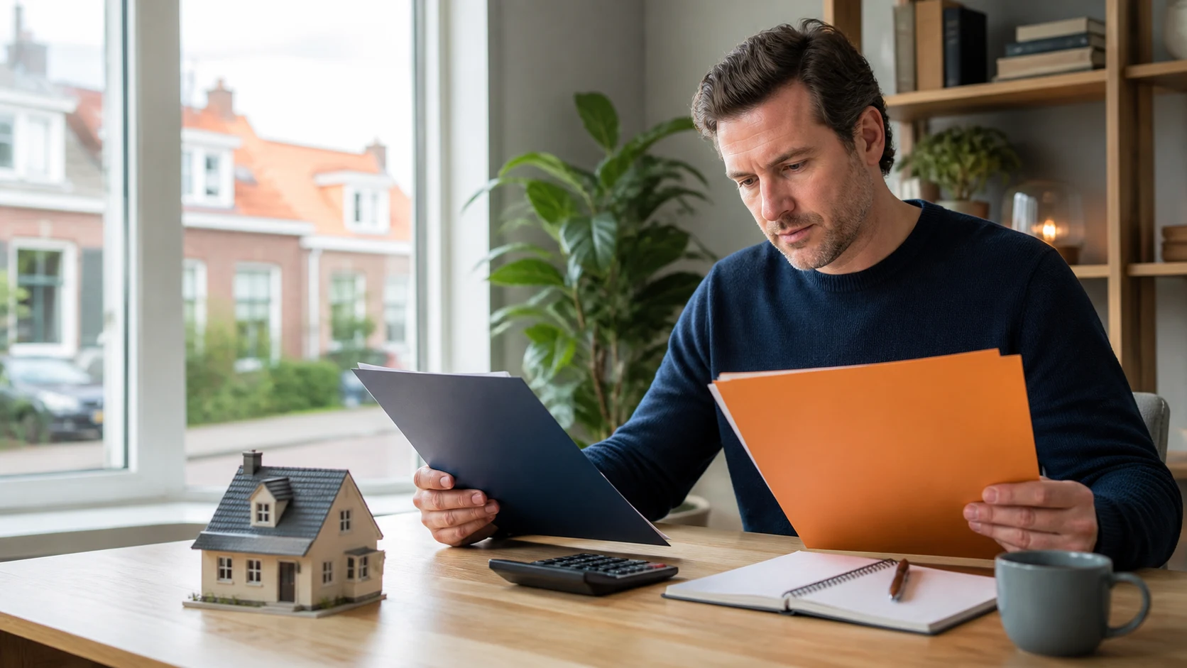 Homeowner comparing mortgage and property valuation documents beside a house model