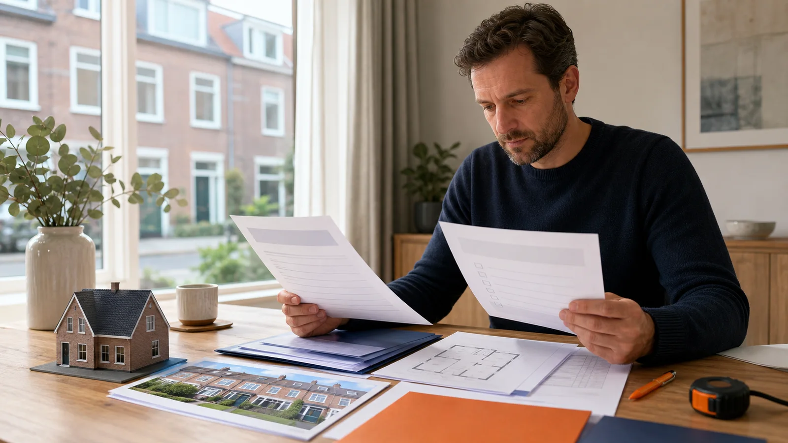 Homeowner reviewing a property valuation report with a house photograph and floor plan at a table