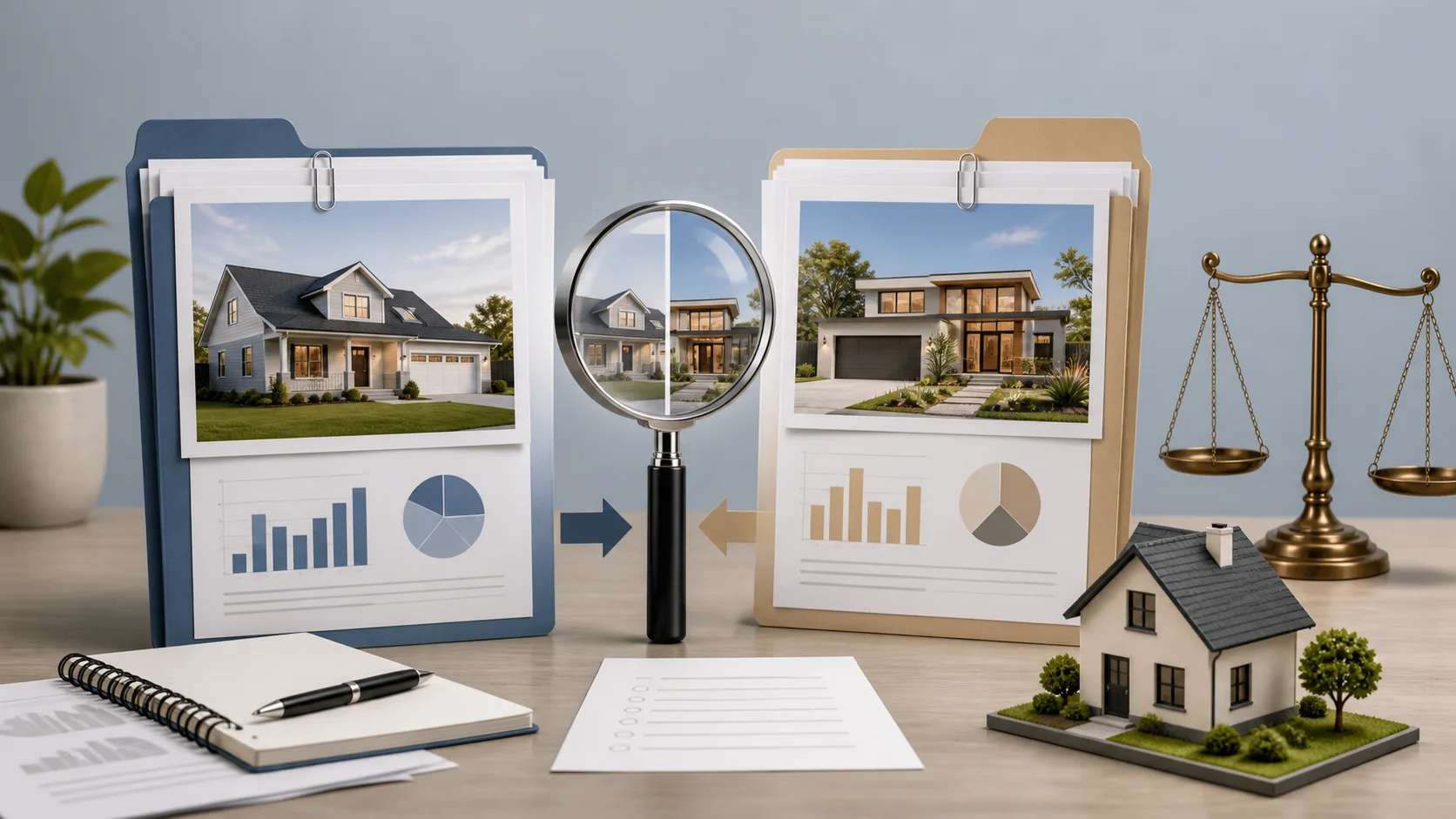 Two valuation evidence paths being compared through a review before a property decision