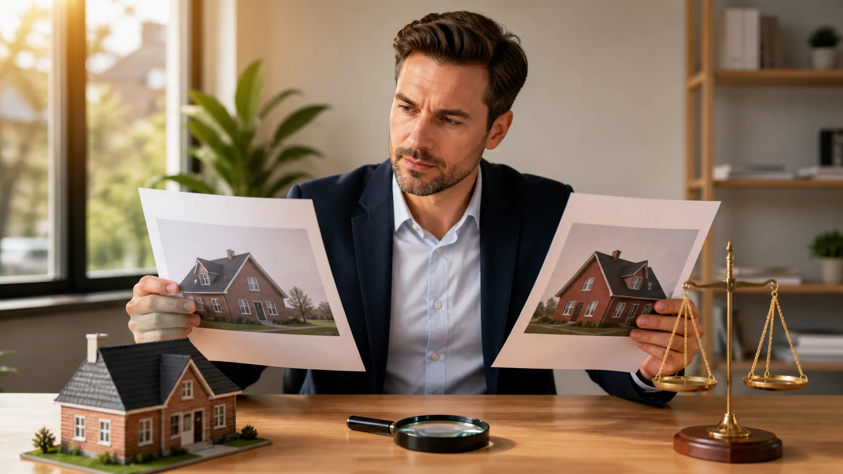 A homeowner comparing two property valuation reports with a magnifying glass and balance scale