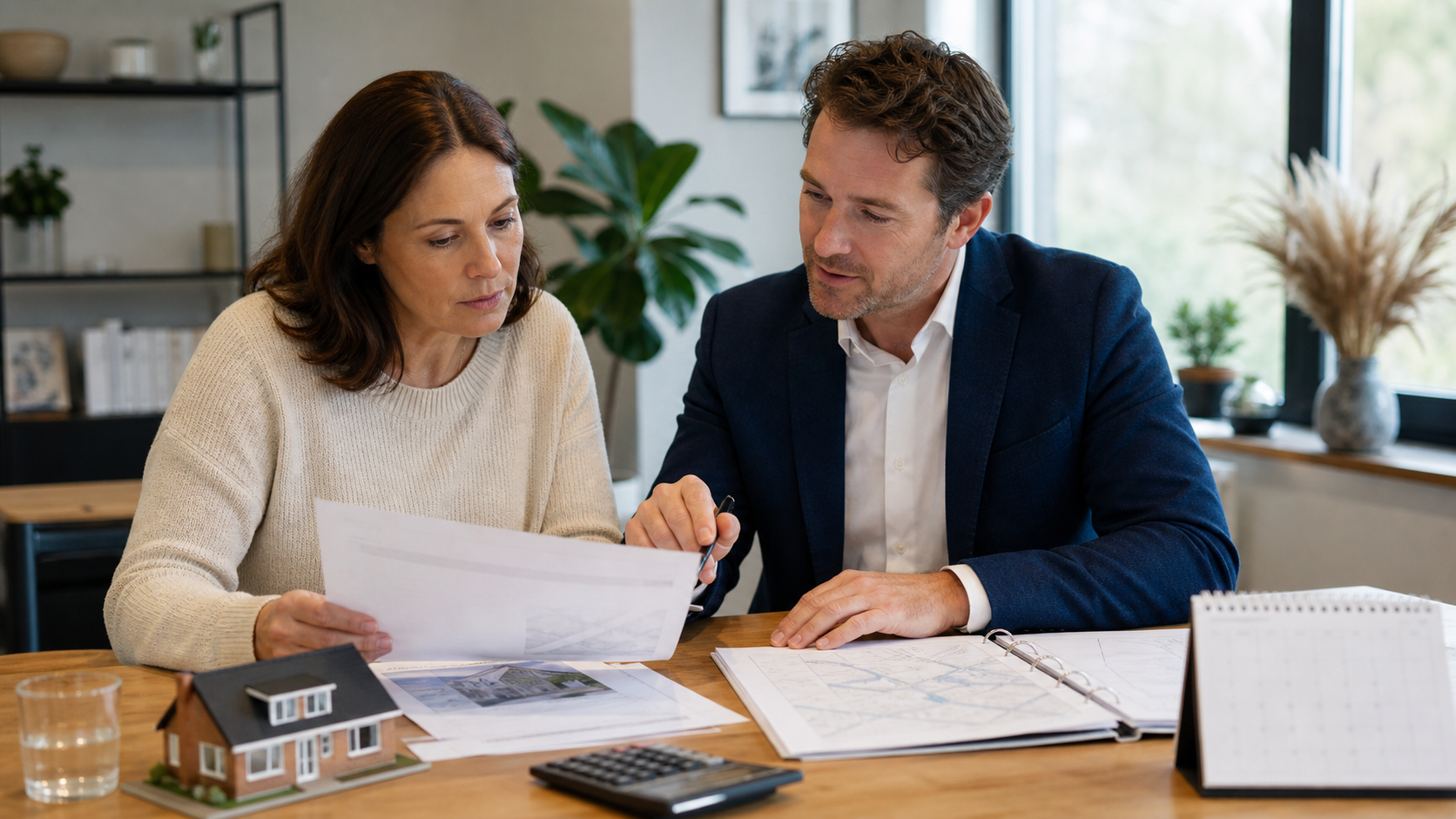 Homeowner and tax adviser reviewing a property valuation file beside Dutch tax paperwork