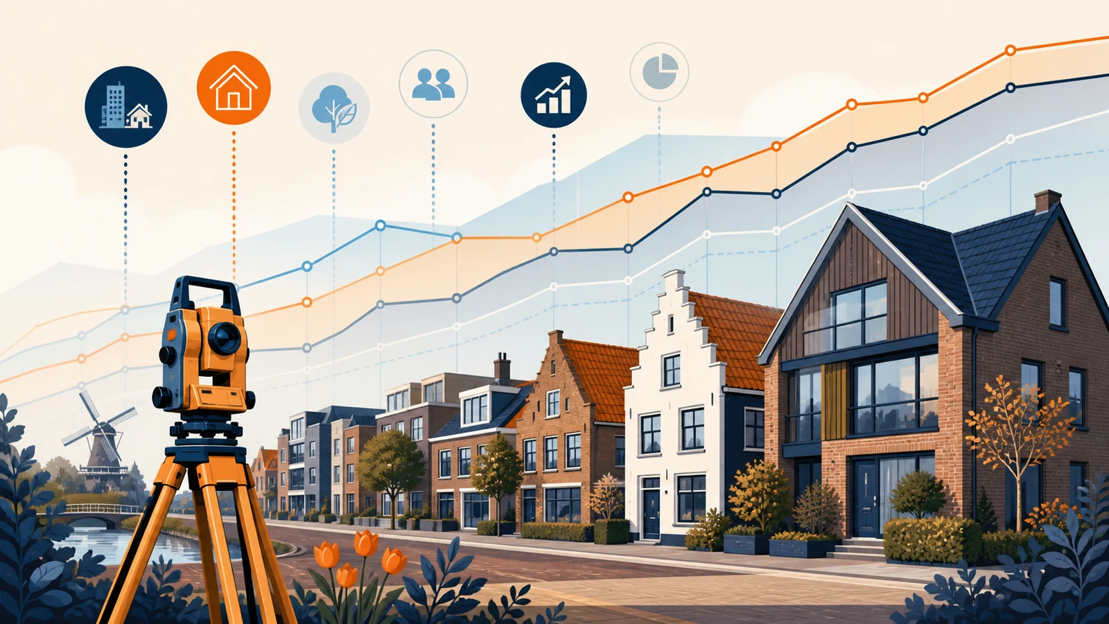 Dutch residential street with a surveyor and abstract lines representing market movements