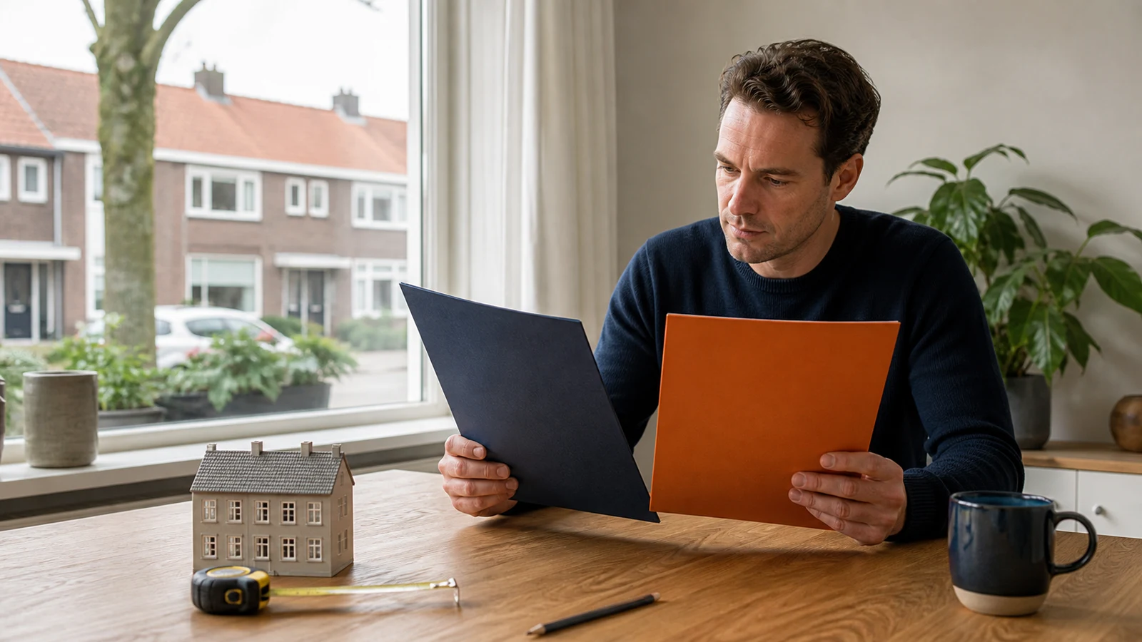 Homebuyer comparing two property valuation proposals at a table beside a model house